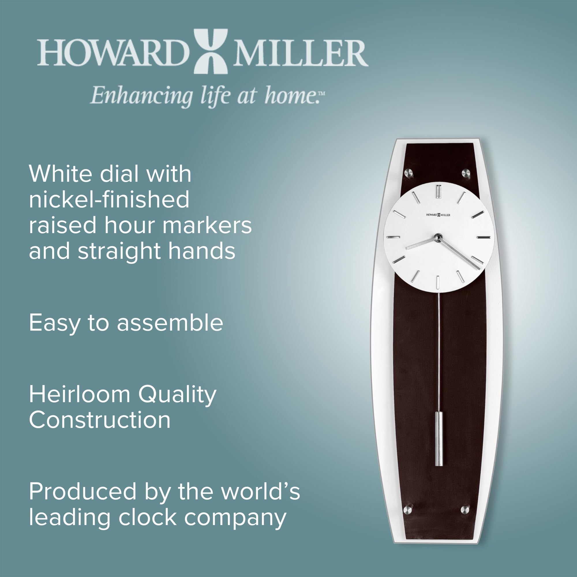 Howard Miller Cyrus Wall Clock - Espresso Finish, Cylindrical Pendulum, Quartz Movement, White Analog Display with Flat Glass - Battery Operated Wall Clock for Home, Living Room, Office & Kitchen Decor | Perfect for Modern Interiors, Workspaces & Dining Areas