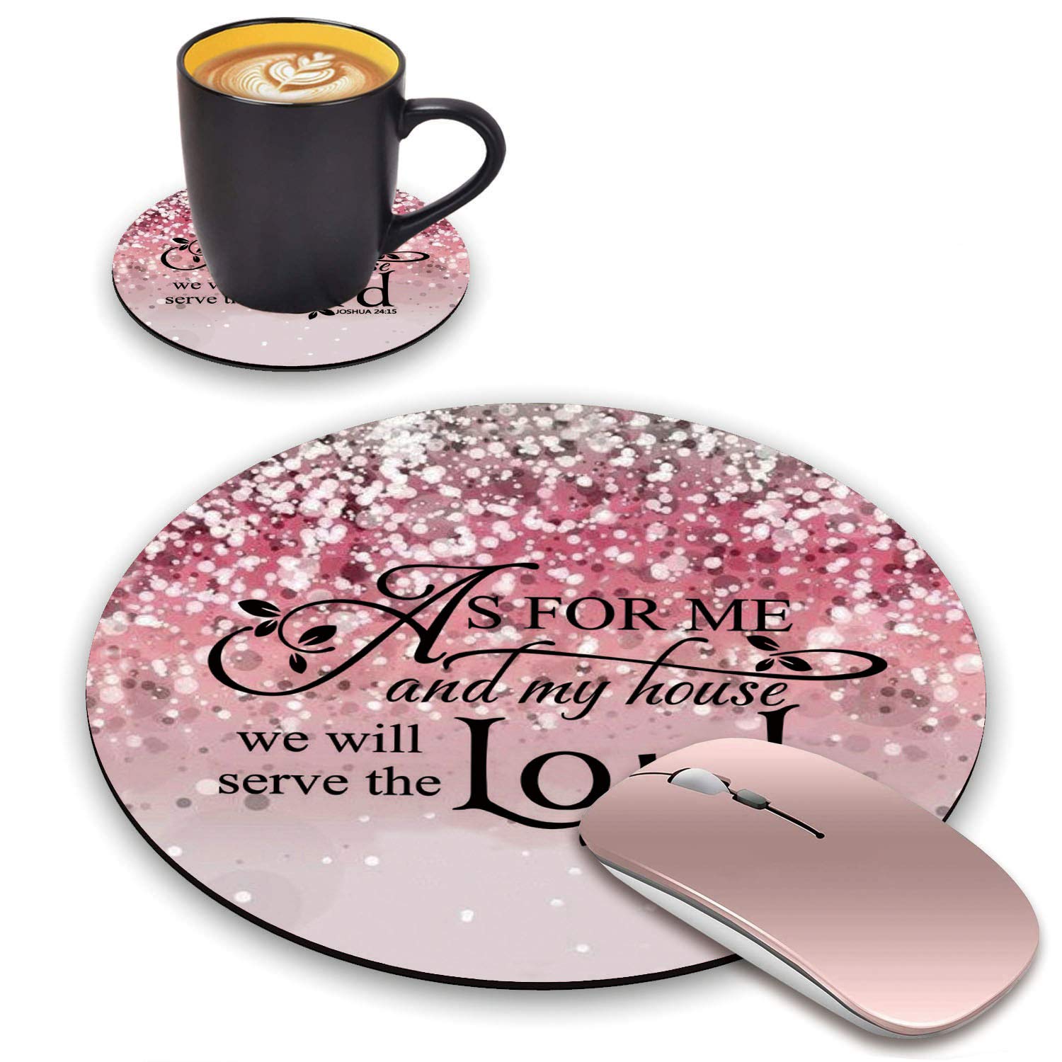 Pink Glitter Round Mouse Pad and Coasters Set with Non-Slip Rubber Base - Inspirational Joshua 24:15 Bible Verse Design - Perfect for Laptop, Computer, Office & Home Workspace Decor