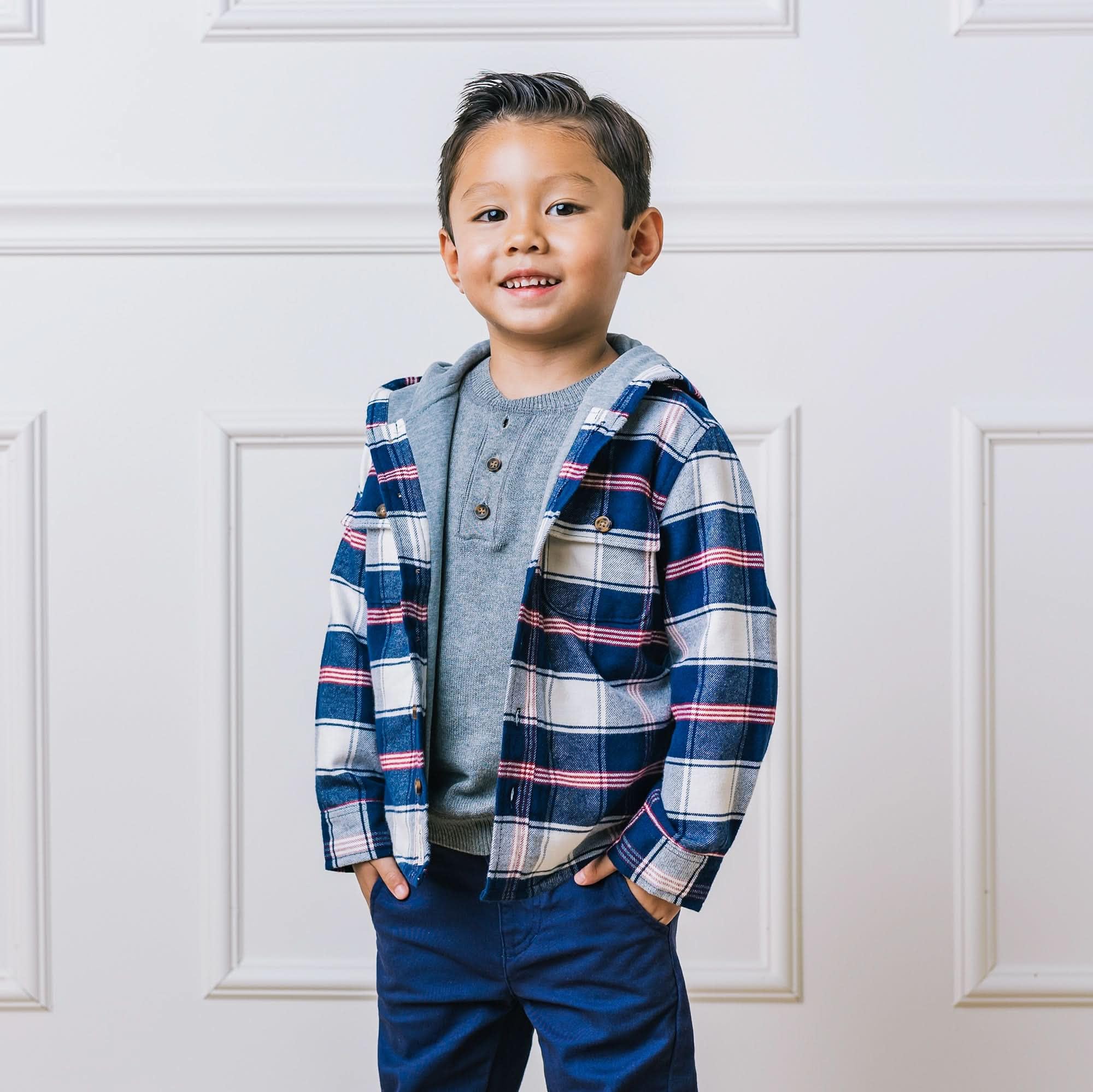 Hope & Henry Boys' Hooded Button Down Jacket with Elbow Patches - Stylish Kids Outerwear for School, Playdates & Outdoor Adventures