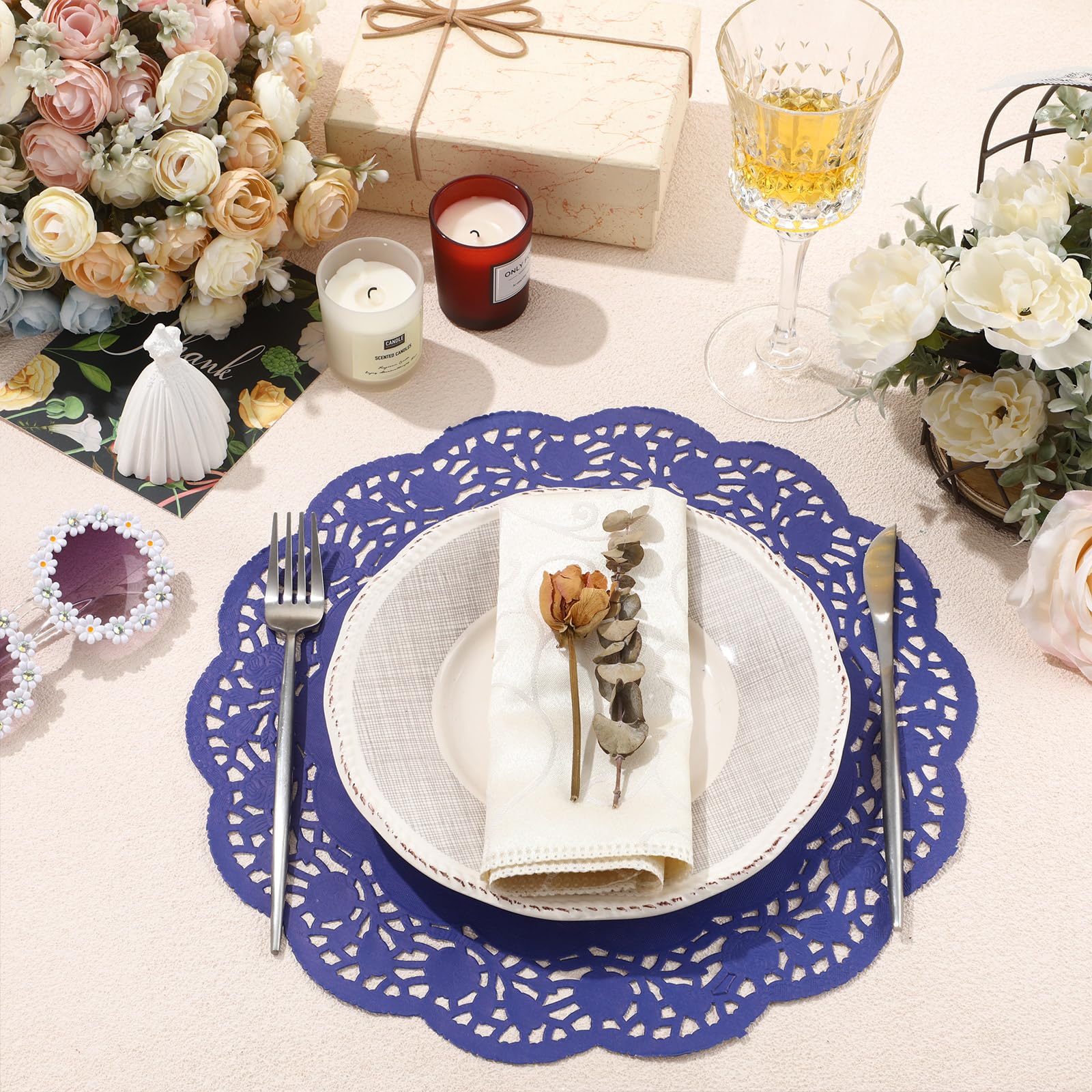 Yexiya 200 Pcs Dark Blue Lace Paper Doilies - Disposable Round Placemats for Cake Decorating, Dessert Serving, Party, Wedding & Craft Decorations - Elegant Foil Lace Doilies for Table Settings & DIY Projects