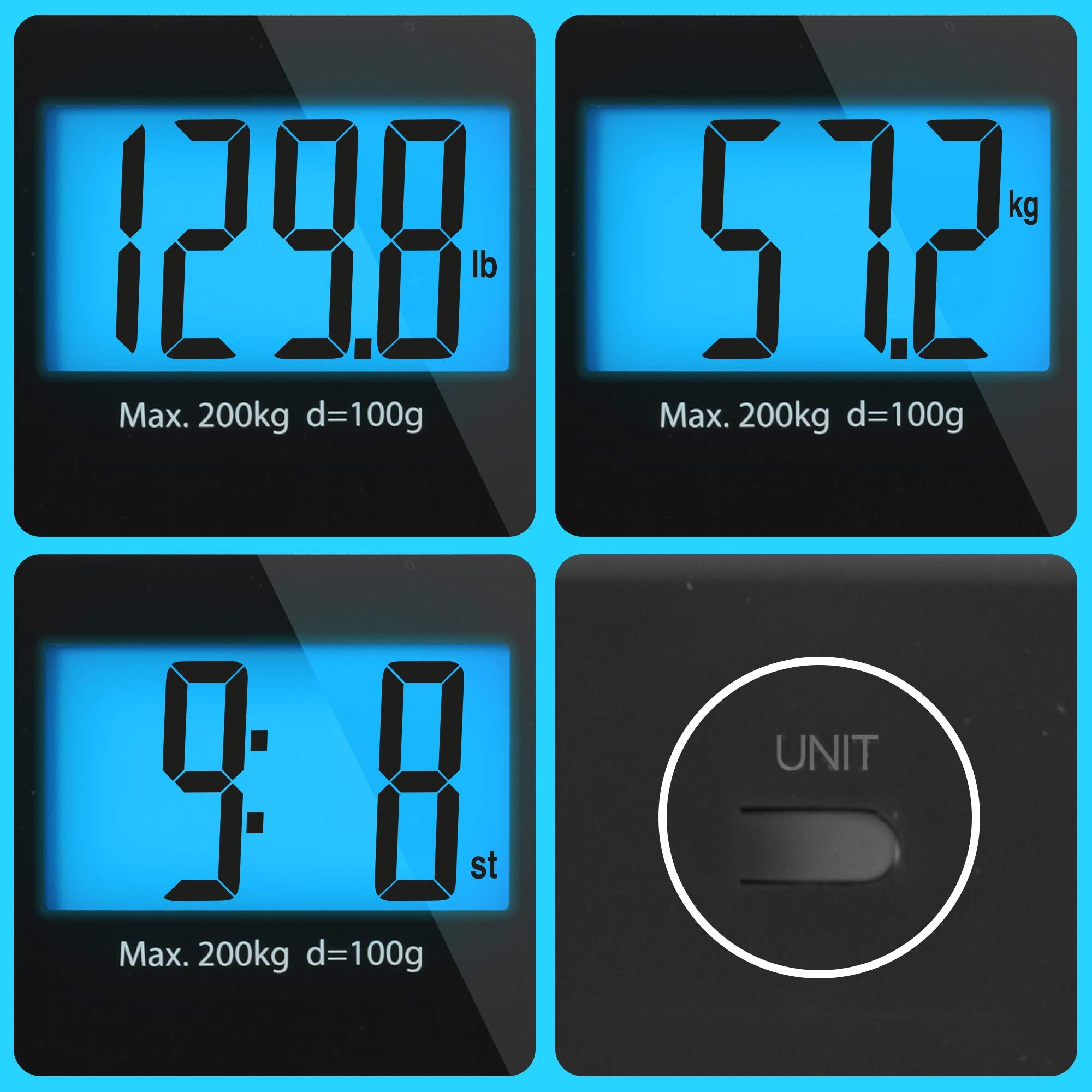 Duronic BS203 Digital Bathroom Scale - High Precision Body Weight Scale with Non-Slip Surface | Measures in kg/lbs/st | 200kg Capacity | XL Display | Perfect for Home Gym, Health Tracking & Fitness Enthusiasts