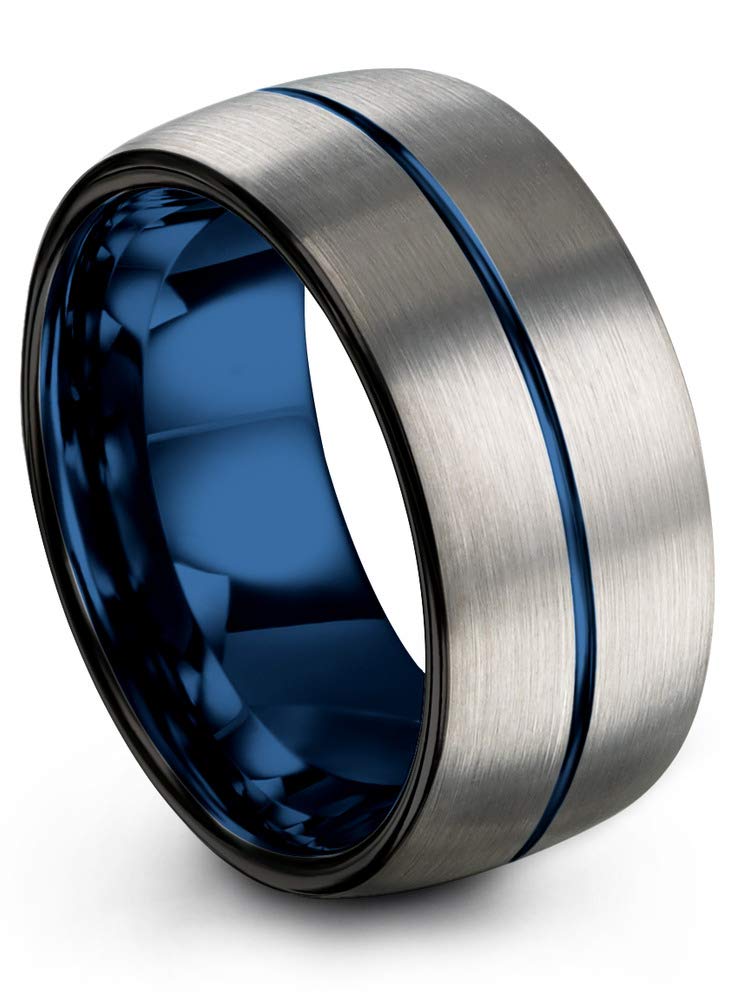 10mm Tungsten Carbide Wedding Band Ring for Men & Women - Blue Black Center Line, Dome Grey, Brushed/Polished Finish - Custom Engraved for Anniversary & Engagement - Perfect for Everyday Wear & Special Occasions