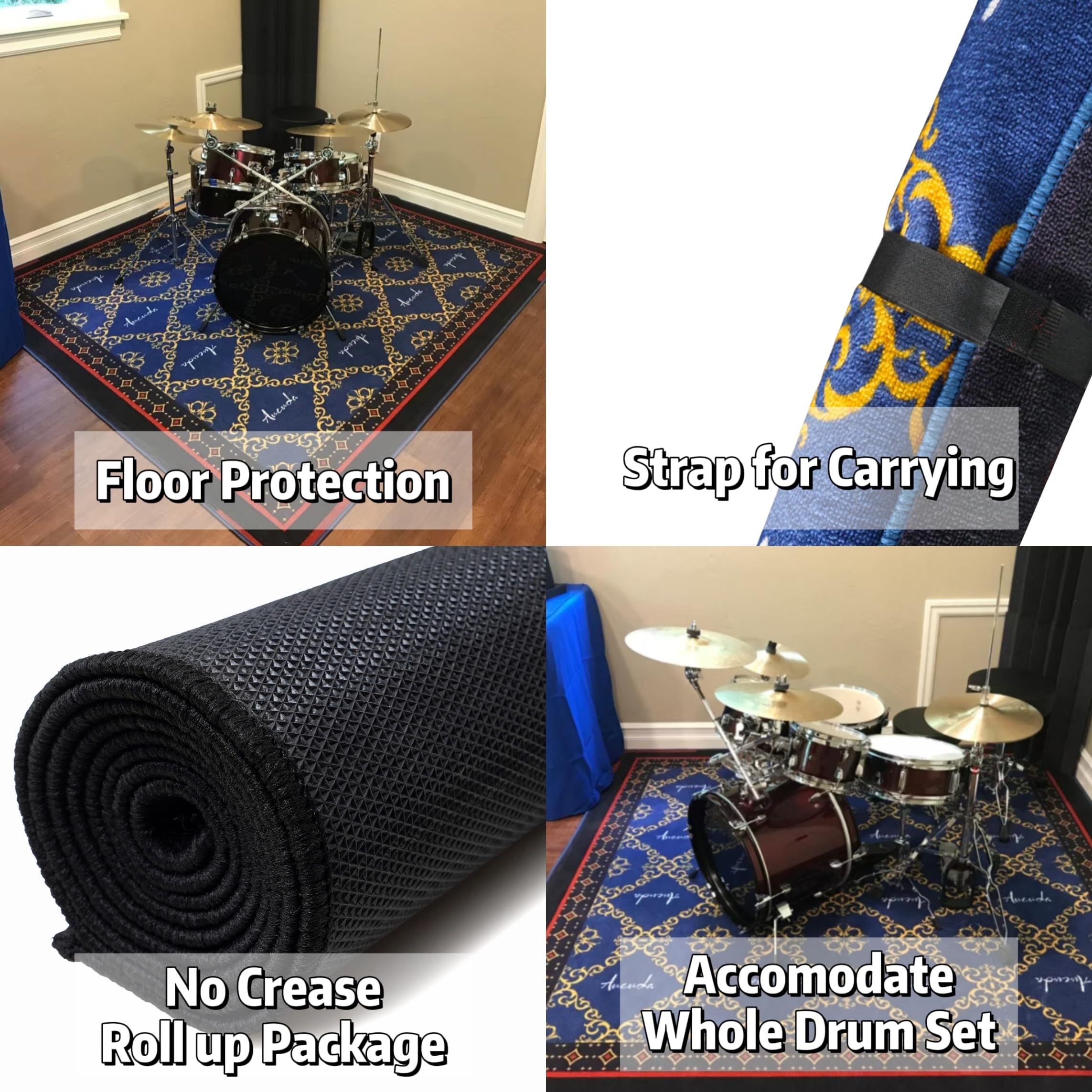 Aucuda 6x6.6 ft Blue Drum Rug - Non-Slip Woven Drum Mat for Electric Drum Set, Studio & Apartment - Soundproof Floor Carpet for Guitar & Music Practice - Perfect for Indoor/Outdoor Use