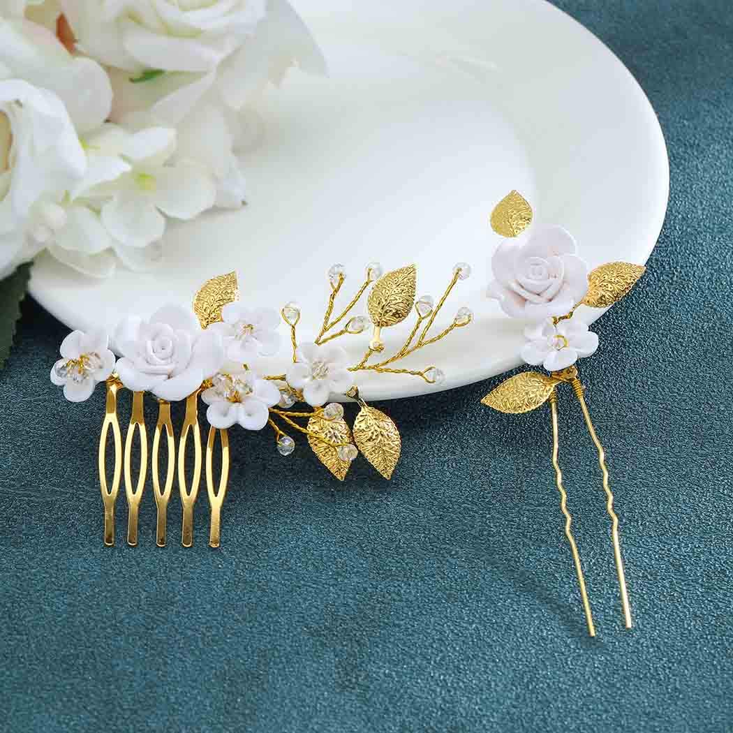 AUkmla Gold Pearl Flower Hair Comb - Elegant Bridal Wedding Hair Accessories for Women, Leaf Design Hair Pins (HC-24) | Perfect for Bridal Showers, Weddings & Special Occasions