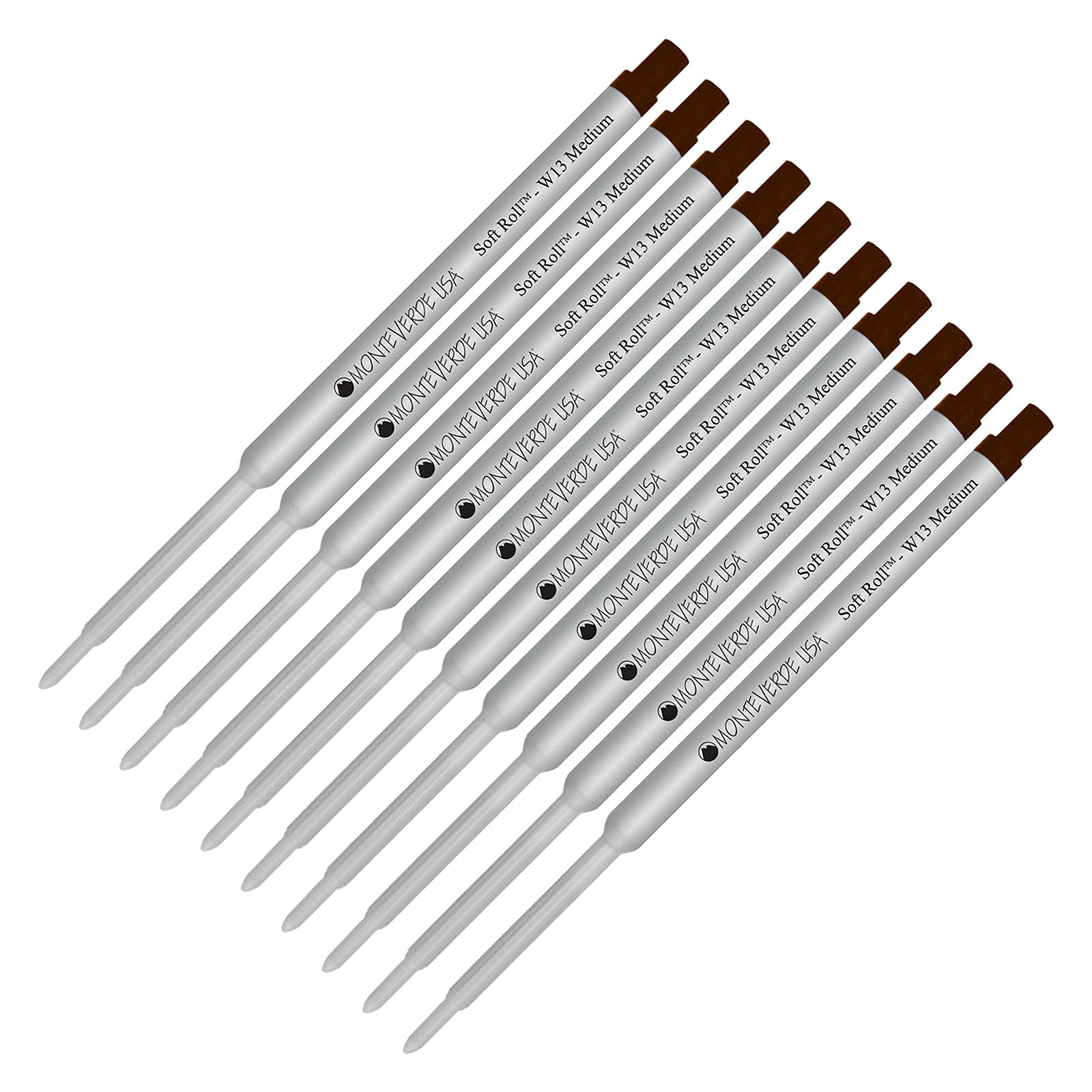 Monteverde Soft Roll Ballpoint W13 Ink Refill 10-Pack - Compatible with Waterman Style Pens - Brown Medium Tip 0.7mm - Ideal for Office, School & Everyday Writing