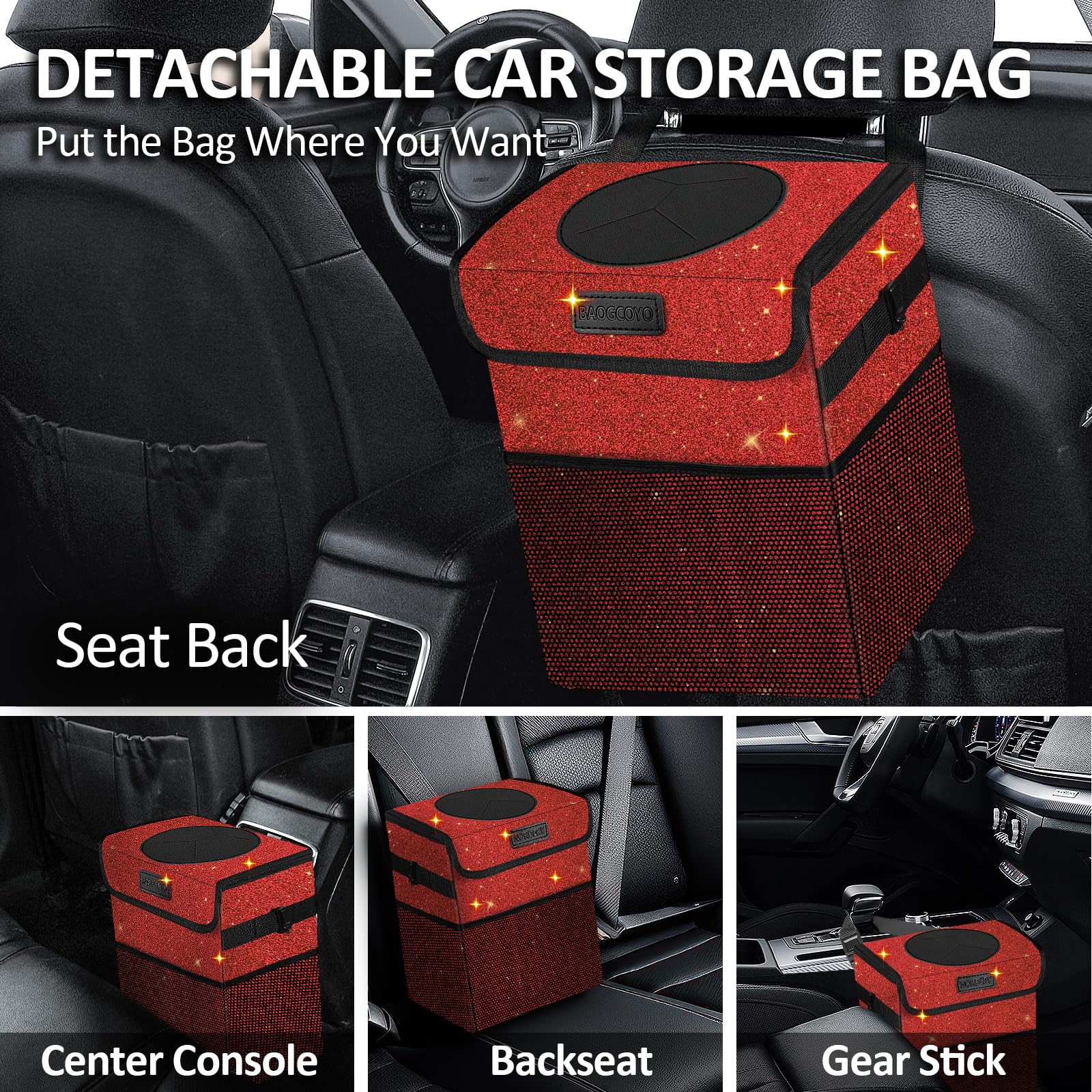 2.5 Gallon Sparkly Red Car Trash Can with Lid - Waterproof & Leakproof Hanging Garbage Bin for Front/Back Seat & Console | Cute Mini Car Trash Bag for Road Trips, Commuting & Family Travel