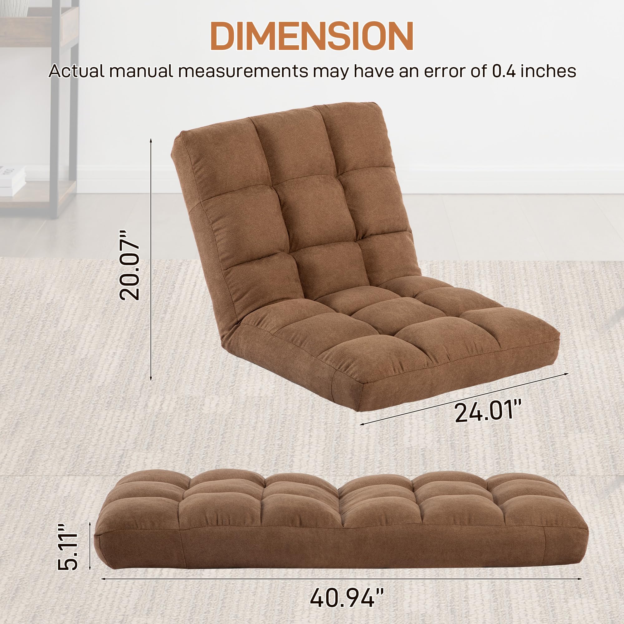Adjustable Floor Chair with Back Support - 6-Position Folding Floor Chair for Gaming, Meditation & Relaxation - Padded Sleeper Bed for Adults in Rustic Tan - Perfect for Small Spaces, Living Rooms & Bedrooms