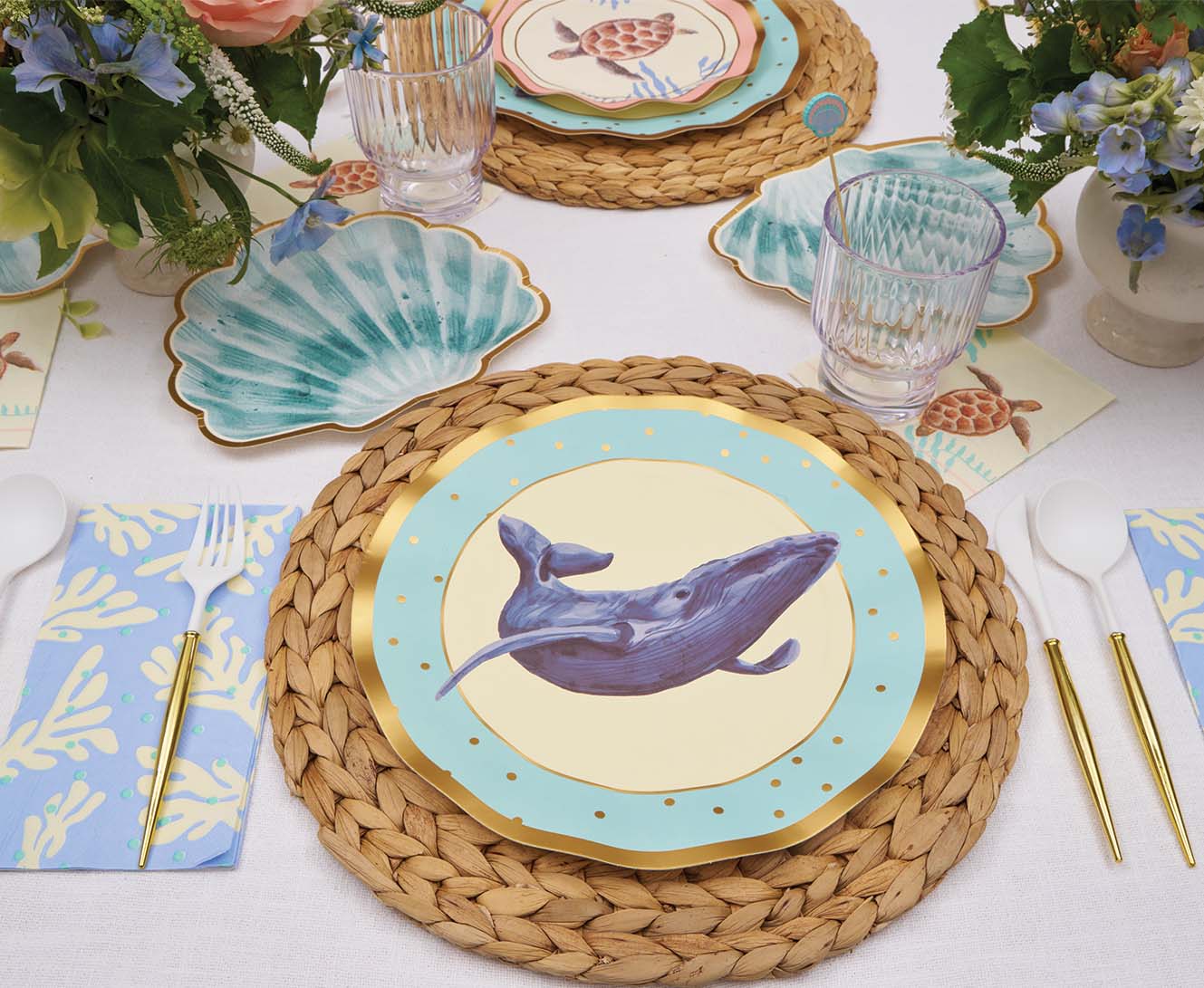 Pastel Sea Dinner Plates Set of 8 - Elegant Ocean-Themed Ceramic Plates for Beach Party, Wedding, or Coastal Home Decor