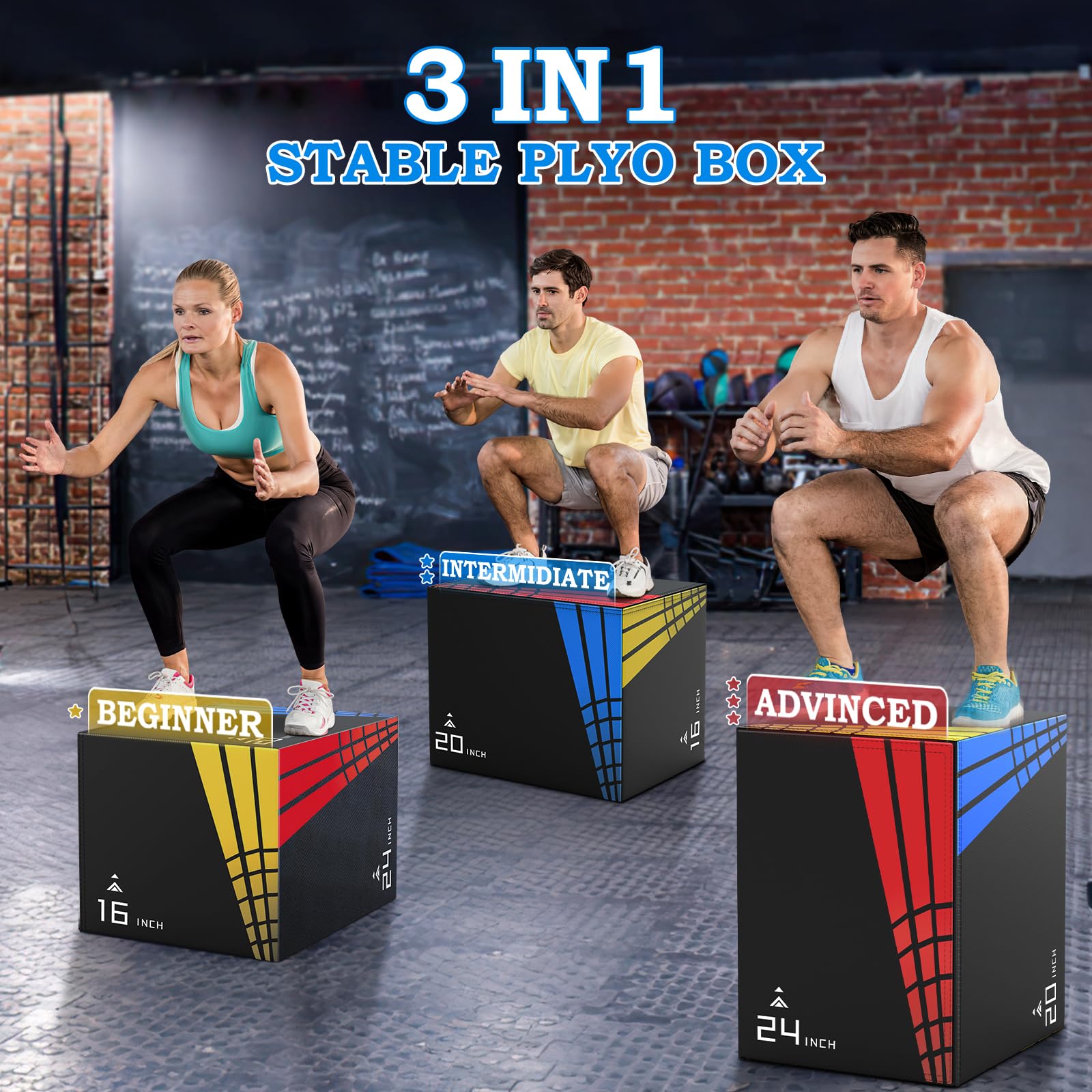 XDDAIS 3-in-1 Heavy Duty Foam Plyometric Box Set for Home Gym - 30”x24”x20”, 24”x20”x16”, 20