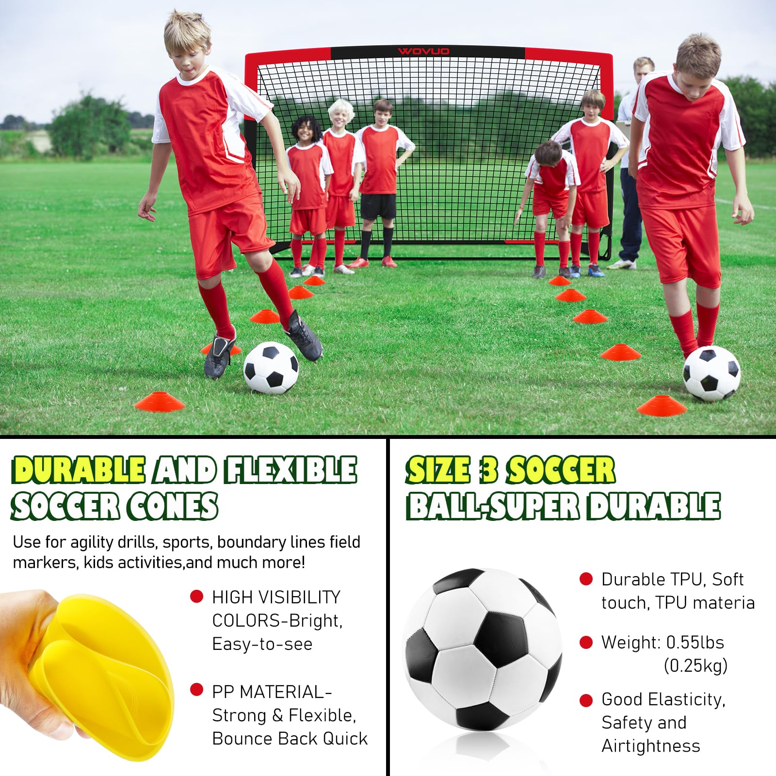 Portable Kids Soccer Goal Set of 2 - 6x4 ft Backyard Soccer Goals with Target, Ball & Cones - Adjustable Training Equipment for Ages 3-14 - Perfect for Outdoor Sports, Birthday Gifts & Youth Soccer Practice