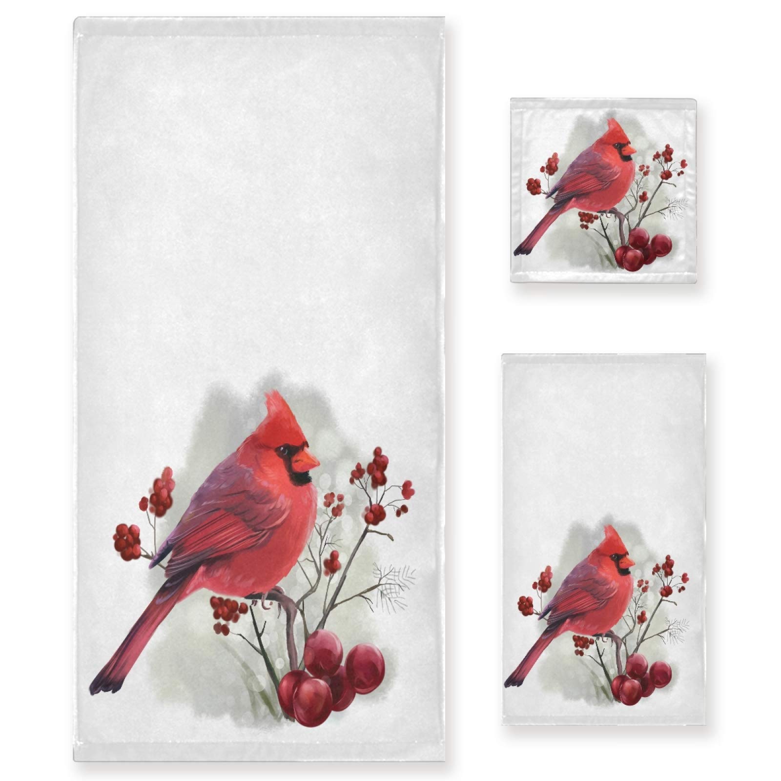 Premium 3-Piece Berry Branch Cardinal Christmas Towel Set - Soft Luxury Bath Towel, Hand Towel & Washcloth for Bathroom, Hotel, Gym, Spa, Kitchen | Holiday Decor & Gift Idea