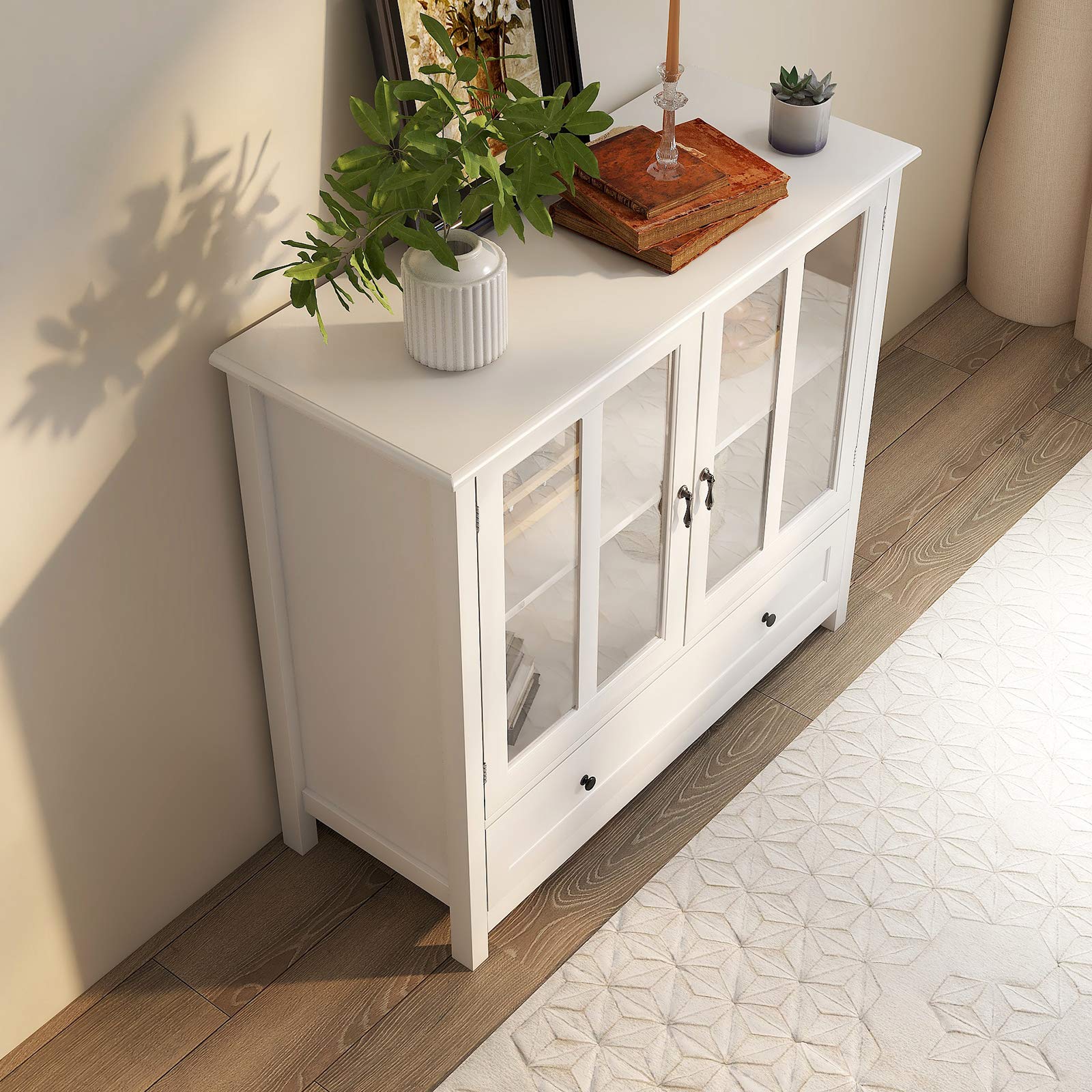 Modern White Wood Buffet Sideboard with Large Drawer & 2 Glass Doors - Elegant Kitchen Storage Cabinet, Entryway Console Table for Living Room, Bedroom, Dining Room | Perfect for Home Organization & Stylish Decor