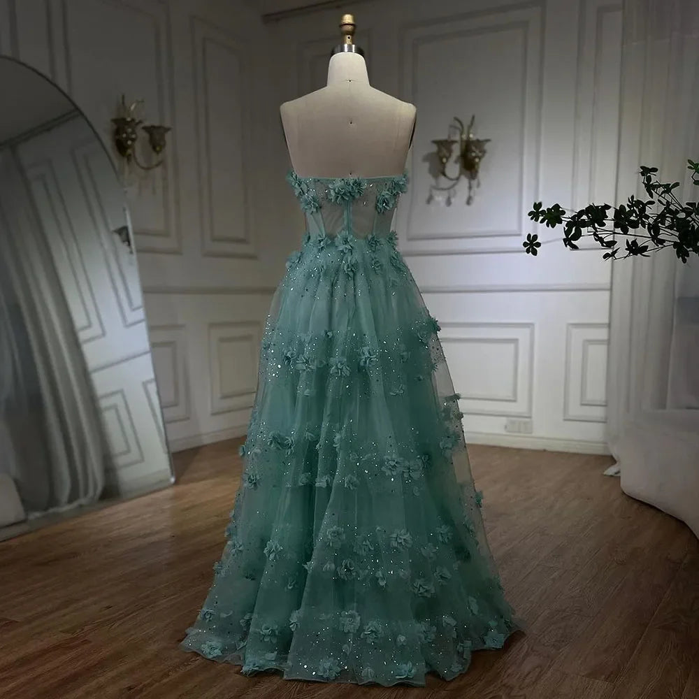 Elegant Arabic Turquoise Appliques A-Line Long Evening Dress for Women - Wedding, Party, Prom, Gala & Special Occasions | Serene Hill Collection 2025 LA72445