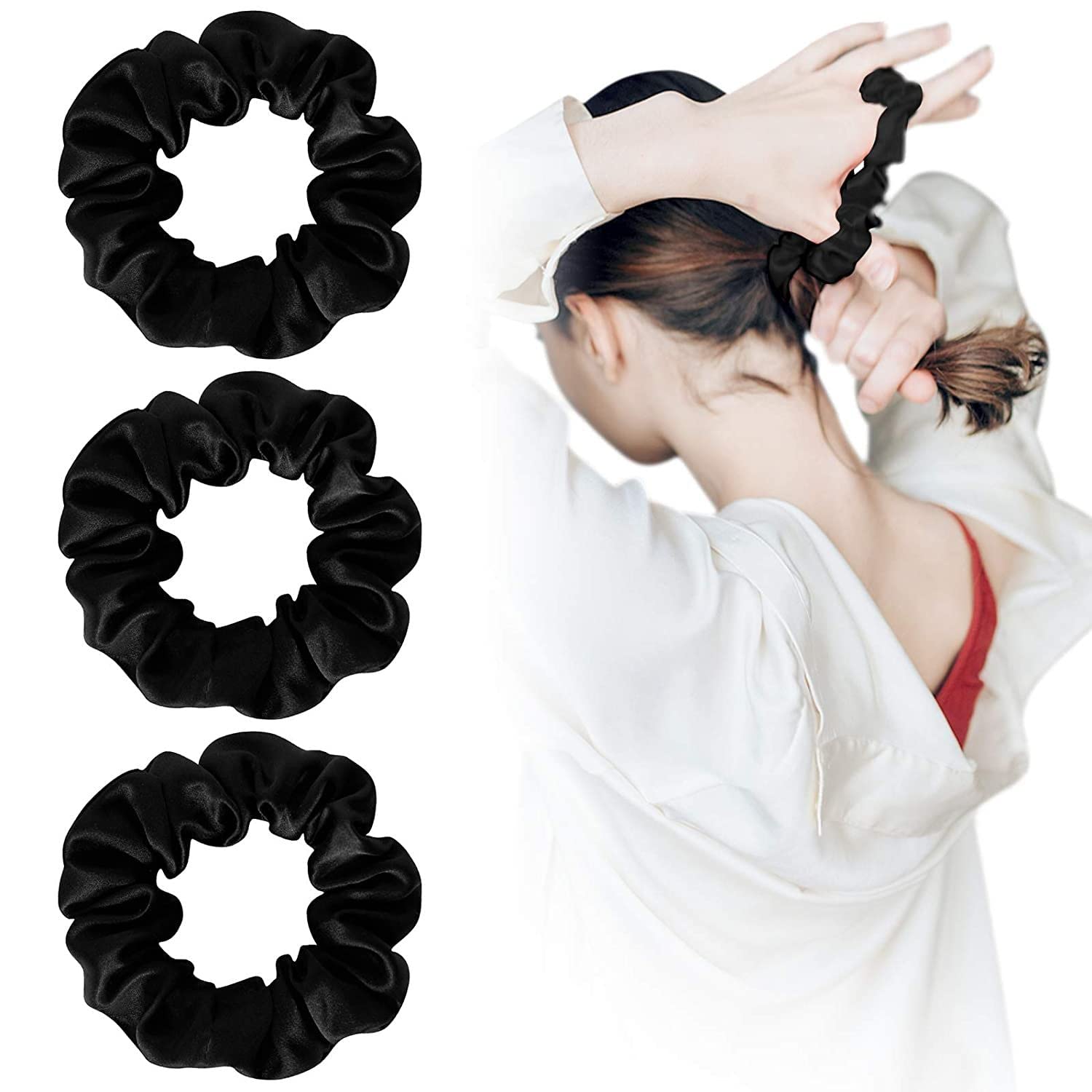 FAMEZA 100% Mulberry Silk Scrunchies for Women - 3 Pack 19 Momme Natural Silk Hair Ties & Elastic Hair Bands | Gentle on Hair, Perfect for Sleeping, Workouts, and Everyday Styling