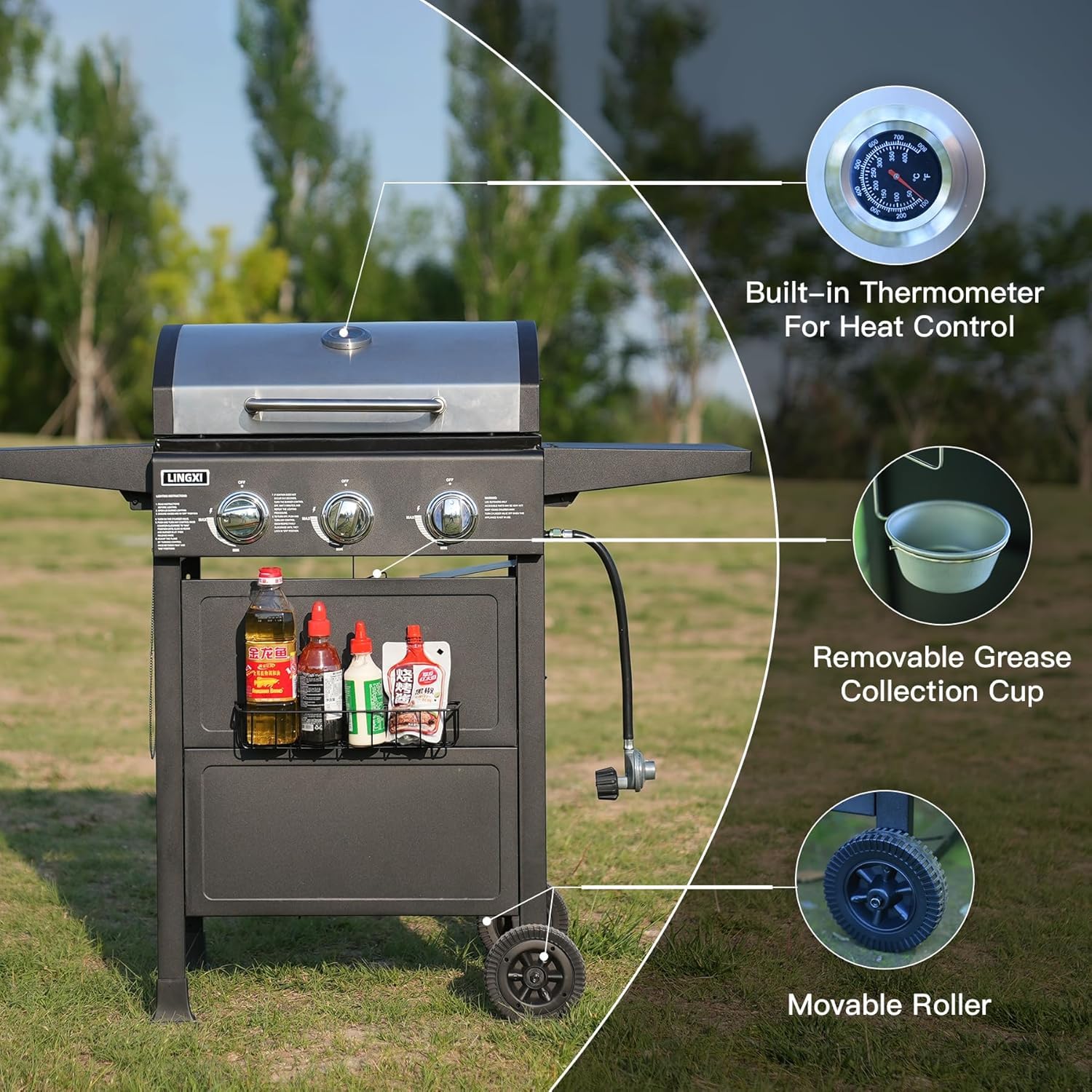 3-Burner Propane Gas Grill with Front Hanging Basket - 30,000 BTU Outdoor BBQ Grill for Backyard, Patio, Garden & Camping - Perfect for Family Cookouts, Tailgating & Summer Barbecues