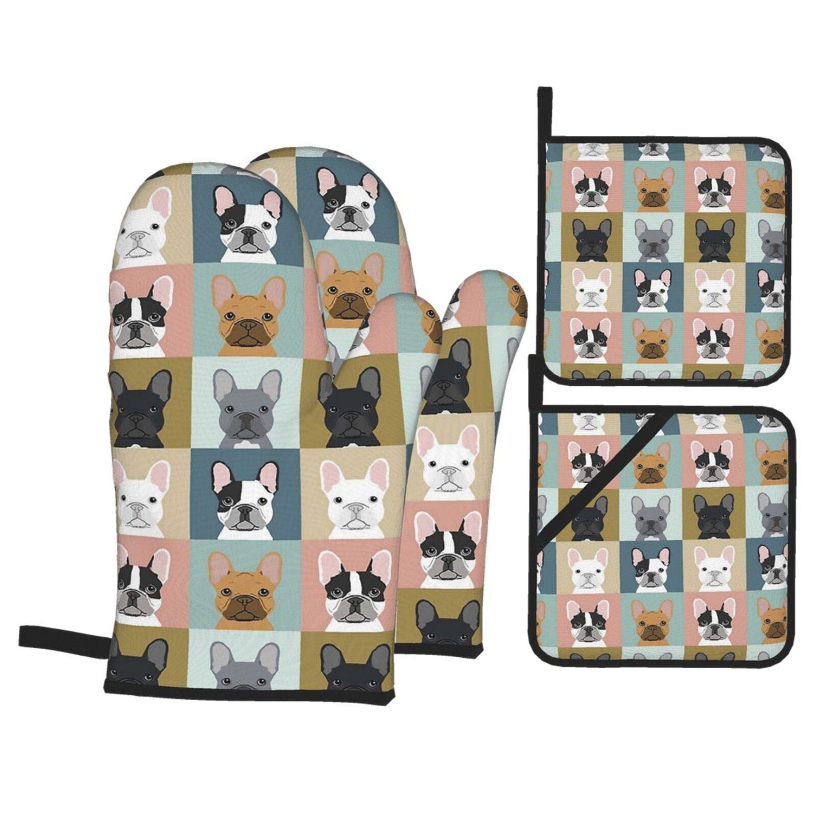 French Bulldog Oven Mitts and Pot Holders Set of 4 - Heat Resistant Kitchen Gloves for Cooking, Baking, Grilling & BBQ - Non-Slip Polyester Hot Pads for Home Chefs & Dog Lovers