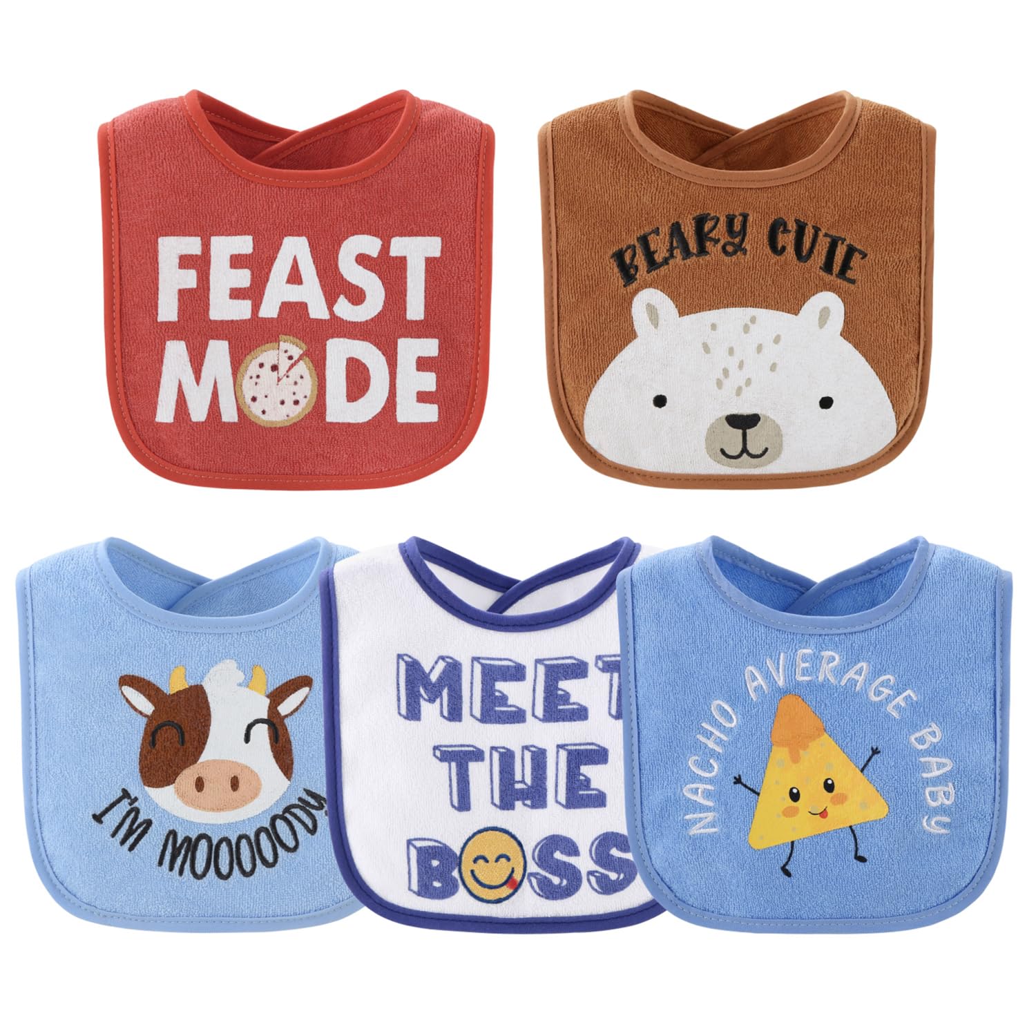 Peanutshell Baby Boy Terry Bibs - 10-Pack Cotton Bib Set for Newborn & Toddler - Soft & Absorbent for Mealtime