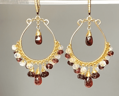 Red Garnet Gold Hoop Earrings with Rainbow Moonstone - Elegant Dangle Earrings for Women, Perfect for Parties, Weddings & Everyday Wear