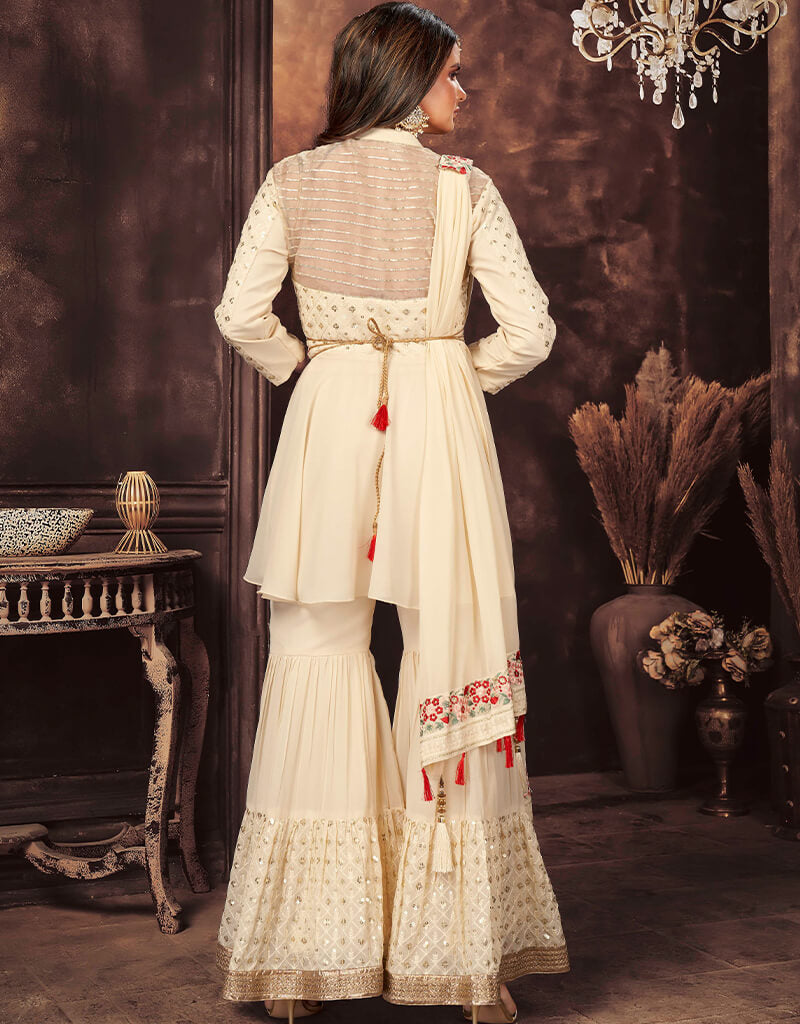 Elegant Beige Georgette Sharara Suit for Women - Indian Pakistani Wedding Outfit, Party Wear & Festive Occasion Dresses