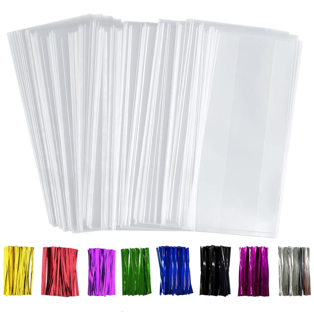 300 Pack 4” x 9” Clear Plastic Treat Bags with Side Gusset - Cookie Bags, Pastry Bags, Candy Bags - Includes Colorful Twist Ties - Perfect for Bakery, Party Favors, Wedding Treats & Gift Packaging (Translucent)