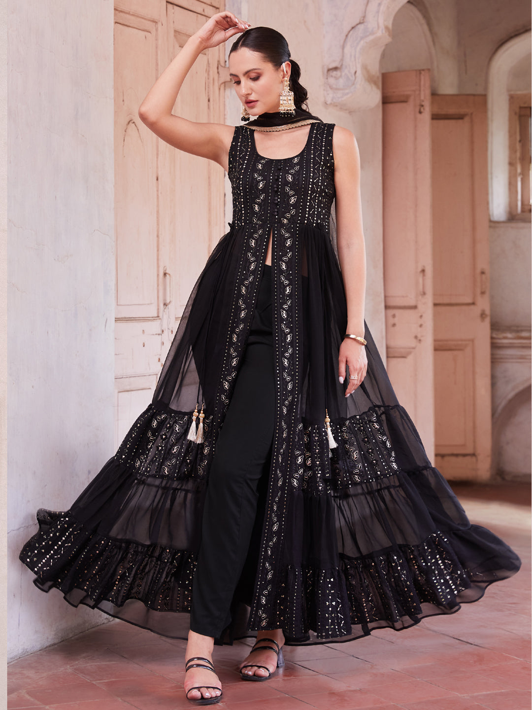Elegant Black Georgette Pant Suit for Women - Designer Party Wear with Heavy Jari Thread & Sequins Embroidery - Perfect for Weddings, Evening Parties & Special Occasions