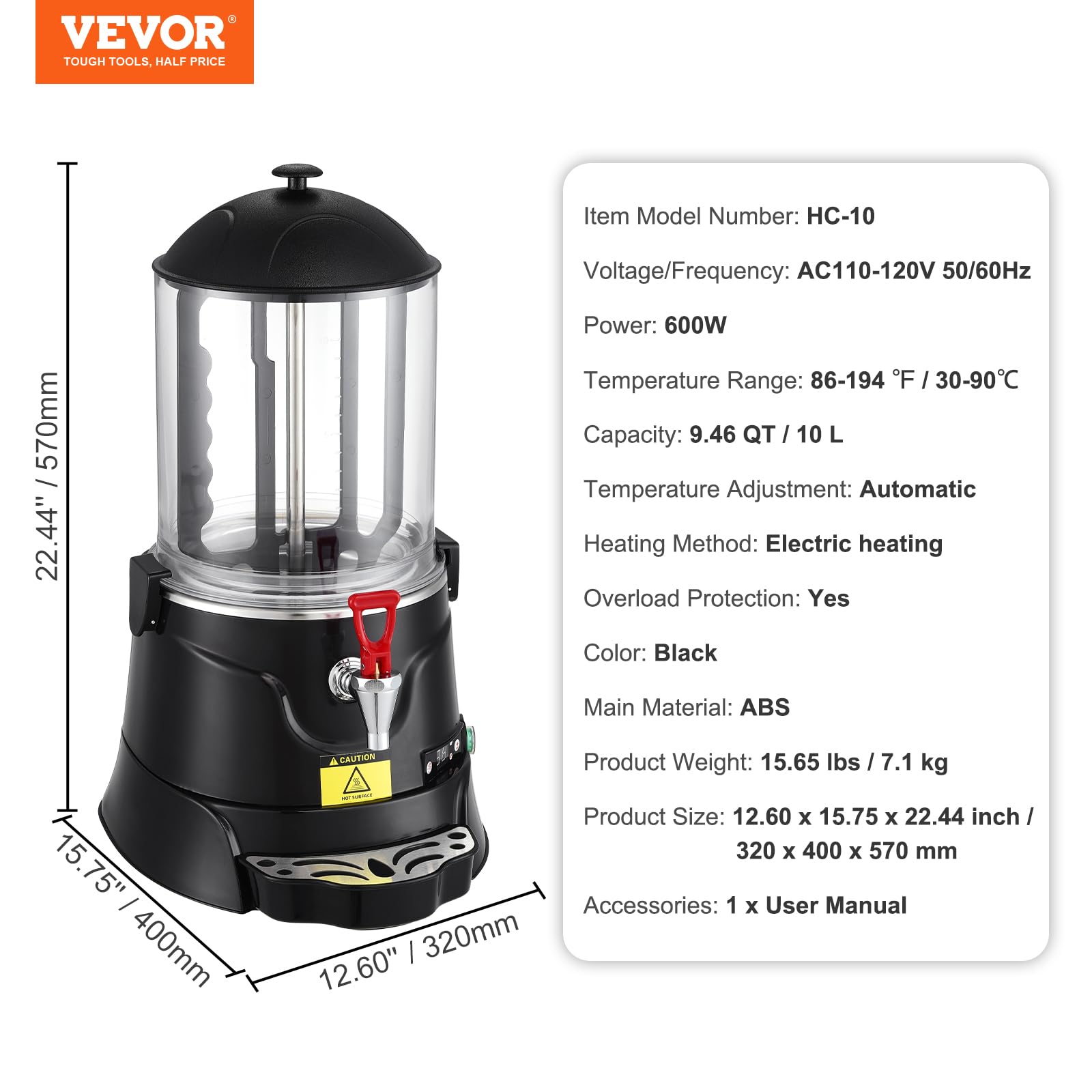 VEVOR 2.6 Gal Hot Chocolate Dispenser Machine with Adjustable Temperature 86°F-194°F, High-Quality ABS Tank for Hot Drinks - Perfect for Cafes, Restaurants, and Home Use