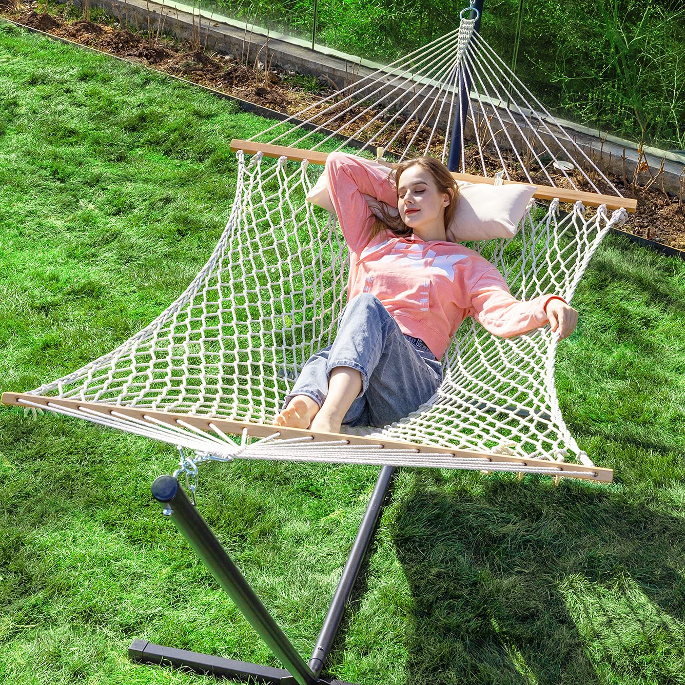 **PNAEUT Double Rope Hammock with Stand - 12ft Heavy Duty Hammock for 2 Persons, Traditional Cotton Rope Design with Pillow - Outdoor, Patio, Backyard, Porch Use - Max Weight Capacity 475lbs (Burlywood)**