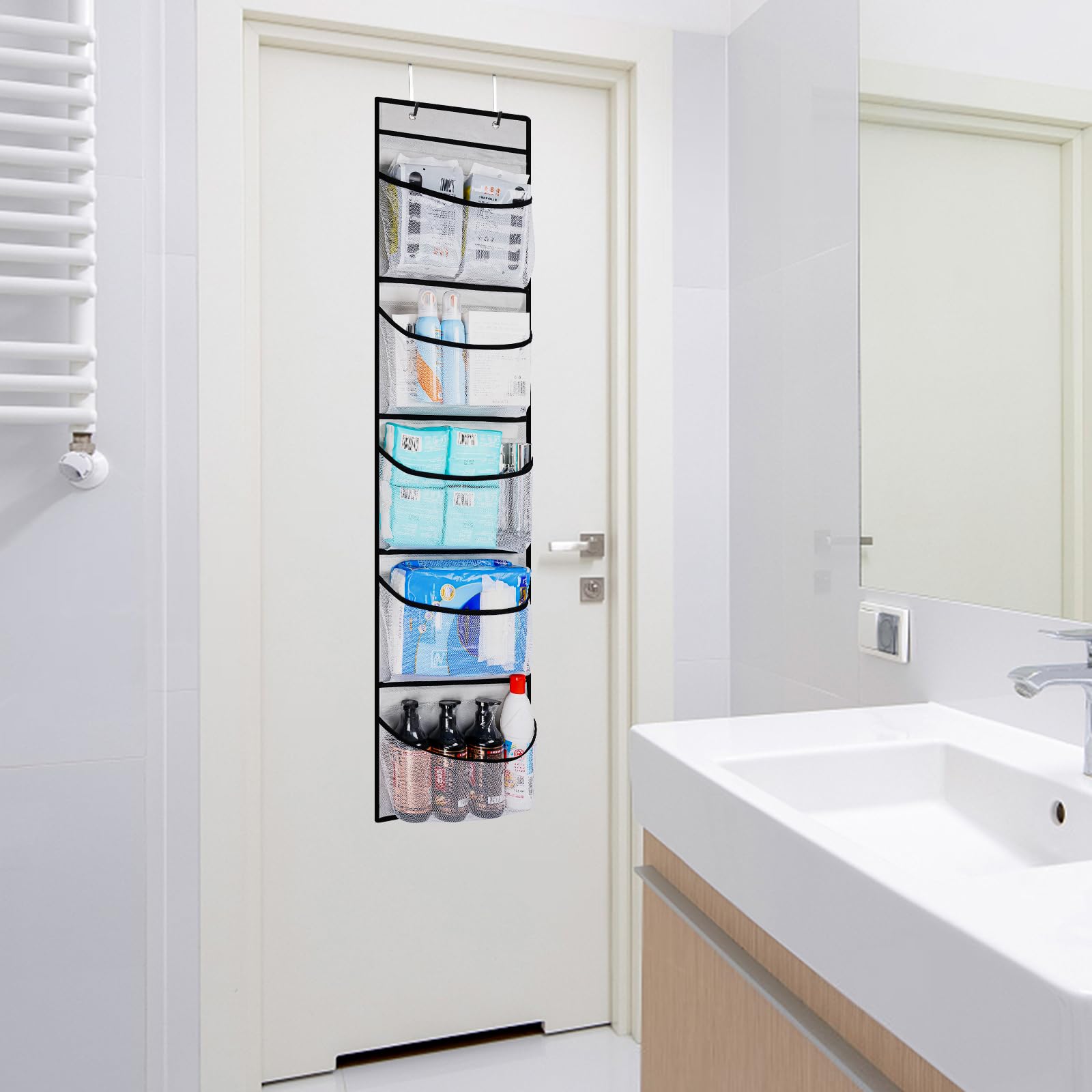 Over the Door Hanging Shelves with 5 Mesh Pockets - 2 Pack Closet Organizer for Bathroom, Bedroom & Closet Storage - Perfect for Weekly Clothes Organization & Space Saving