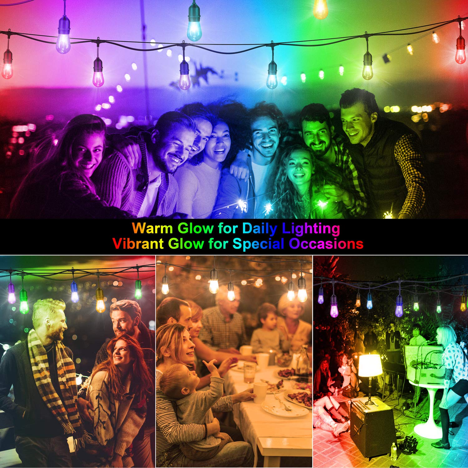 48FT Outdoor LED String Lights - Waterproof Dimmable RGB Patio Lights with Remote Control & 15 Shatterproof Bulbs - Perfect for Bistro, Cafe, Garden Party, Backyard Wedding, and Outdoor Decor (Black, 1 Pack)