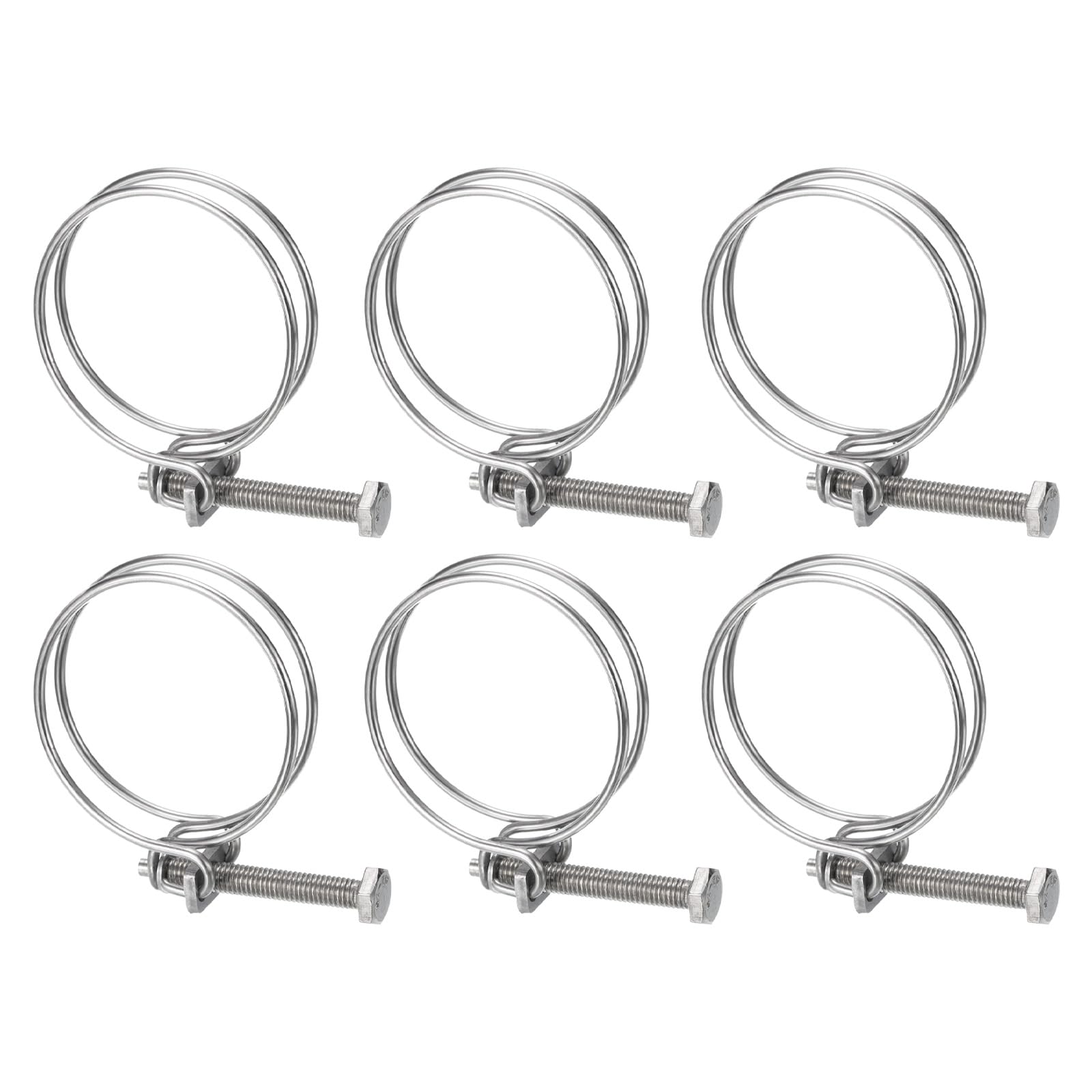 uxcell 6Pcs Stainless Steel Double Wire Hose Clamps 58-65mm Adjustable with M8 Bolt - Heavy Duty Clips for Dust Collection Hose, Pump Pipe, Automotive & Industrial Applications