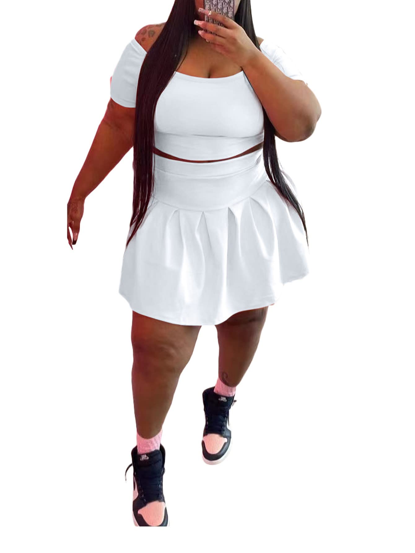 KELOVEPAN Women's Pleated Short Skirt 2-Piece Set - Sexy Plus Size Summer Sweatsuit Outfit & Dress Tracksuit | Perfect for Casual Wear, Beach Vacations, and Night Out