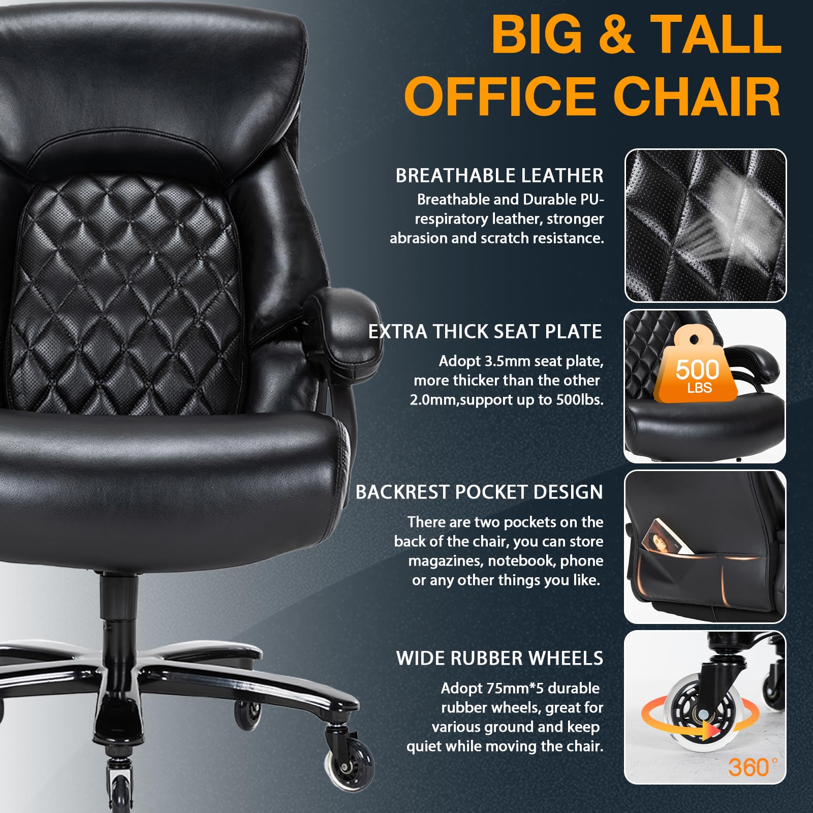 Big and Tall Office Chair for Heavy People Up to 500LBS - High Back Extra Wide Heavy Duty Executive Chair with Adjustable Lumbar Support - Ergonomic Computer Desk Chair for Home Office - Perfect for Large Men, Plus Size Users & Long Work Sessions (Black)