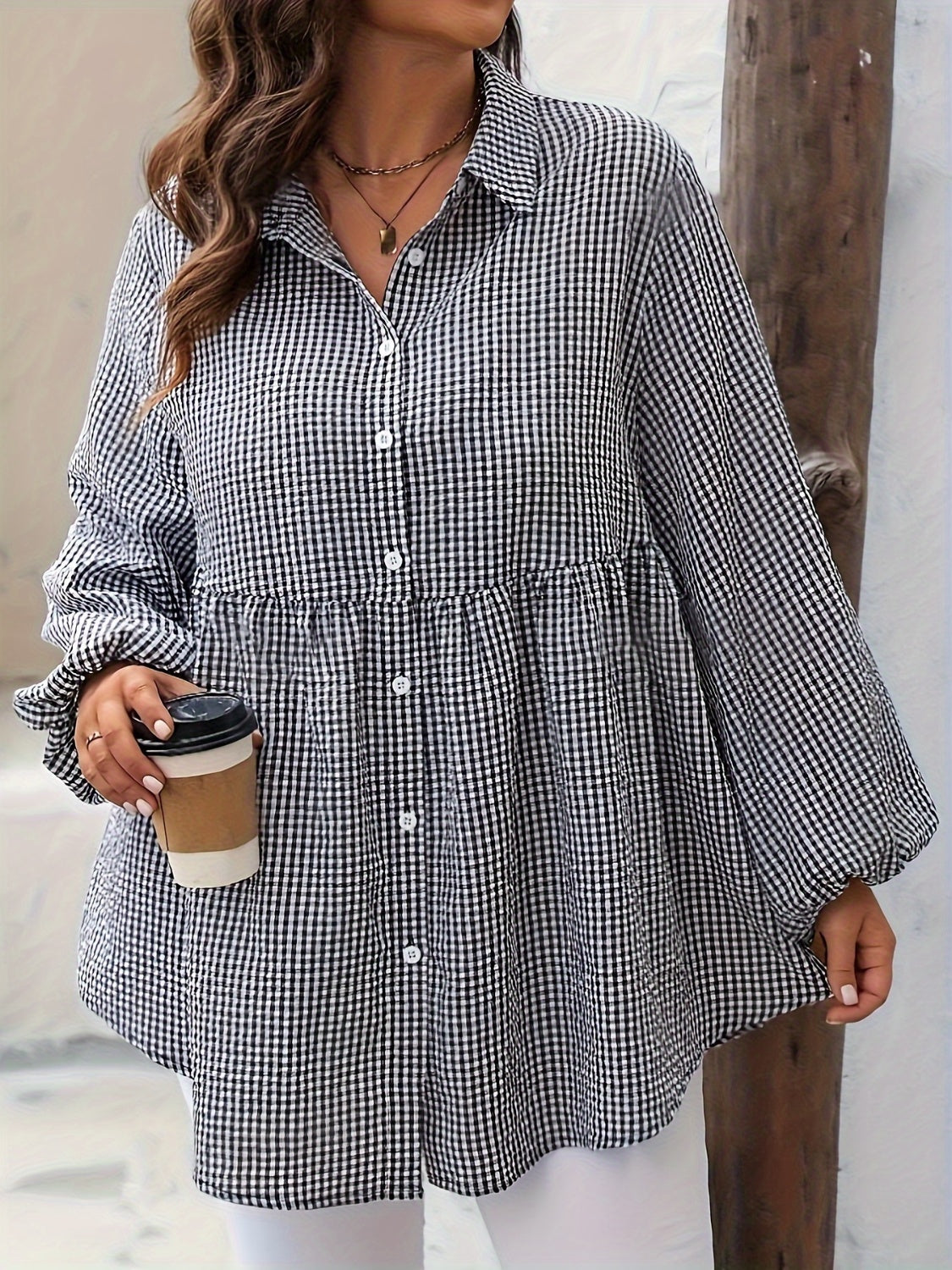 Stylish Plus Size Plaid Collared Blouse for Women - Resort Wear & Casual Outfits - Perfect for Vacations, Beach Trips, and Summer Outings