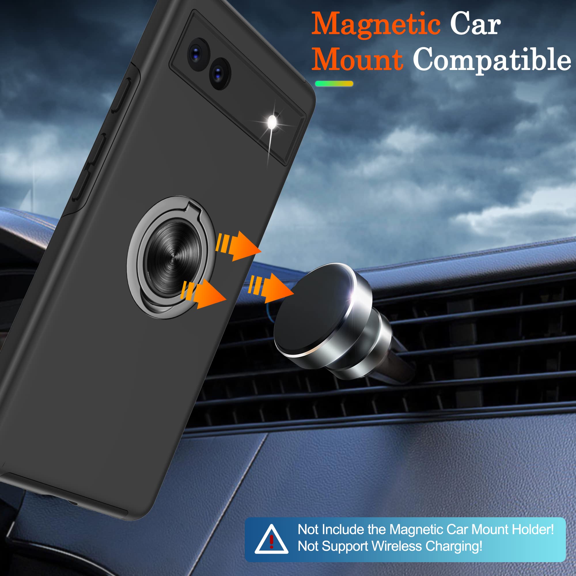 Premium Shockproof Google Pixel 6A Case with HD Screen Protector & 360° Magnetic Ring Holder Kickstand - Durable Protective Phone Cover for Google Pixel 6A (Black) - Perfect for Work, Travel, and Everyday Use