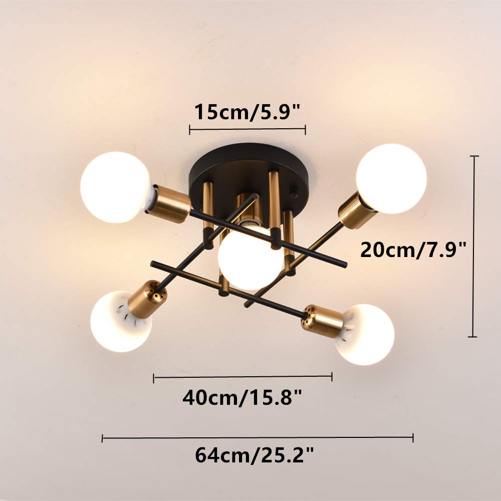 Modern Ceiling Chandelier Lighting - Contemporary Rustic Semi Flush Mount Ceiling Lamp - Minimalist Industrial Light Fixtures for Living Room, Bedroom, Dining Room - Black 5-Light Interior Decor
