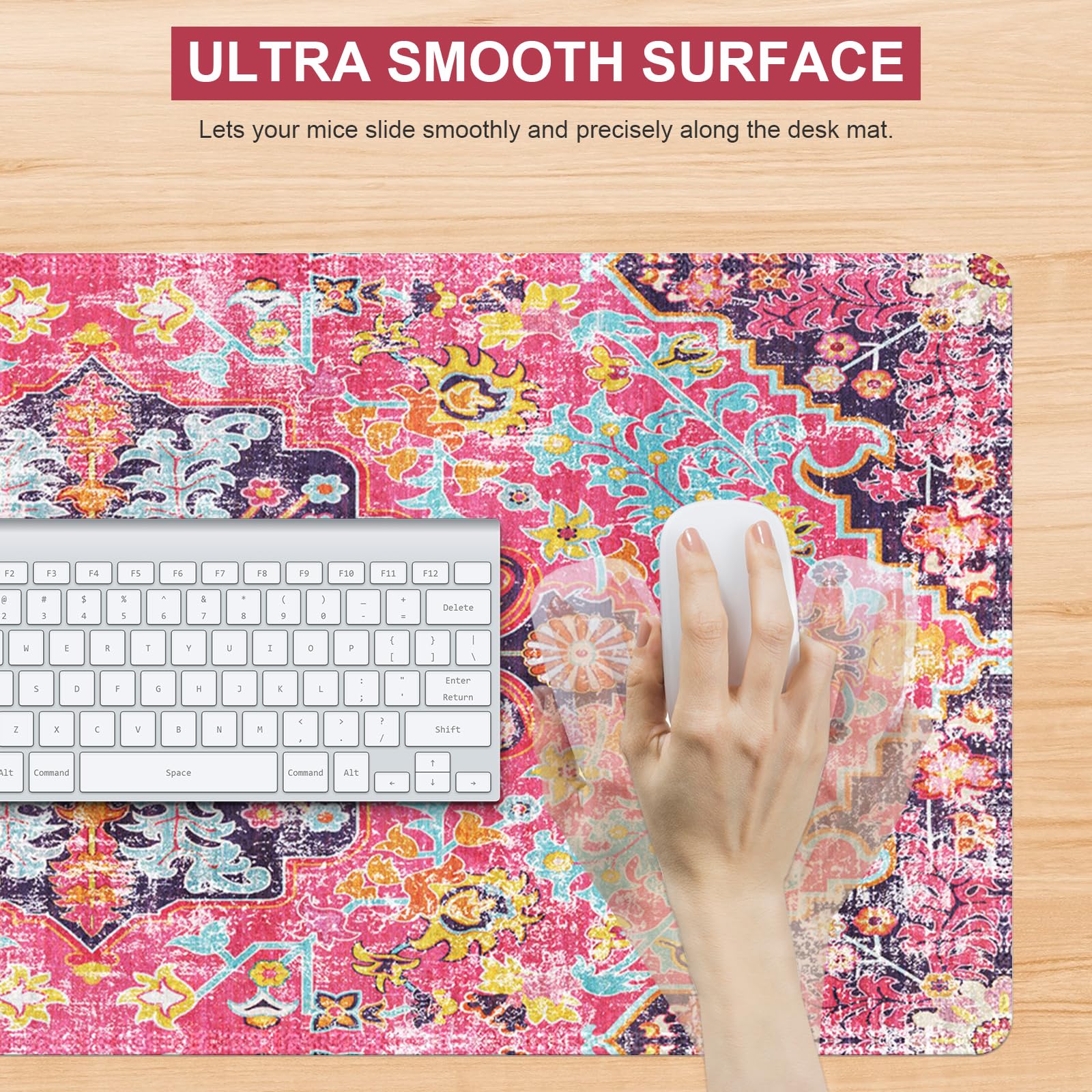 iLeadon Large Boho Desk Mouse Pad Mat - Smooth Lycra Surface, Non-Slip Rubber Base, Stitched Edges - Perfect for Office & Home Workspace (Boho Floral Design) | Computer Desk Cover, Keyboard Mat for Comfortable Typing & Mouse Movement