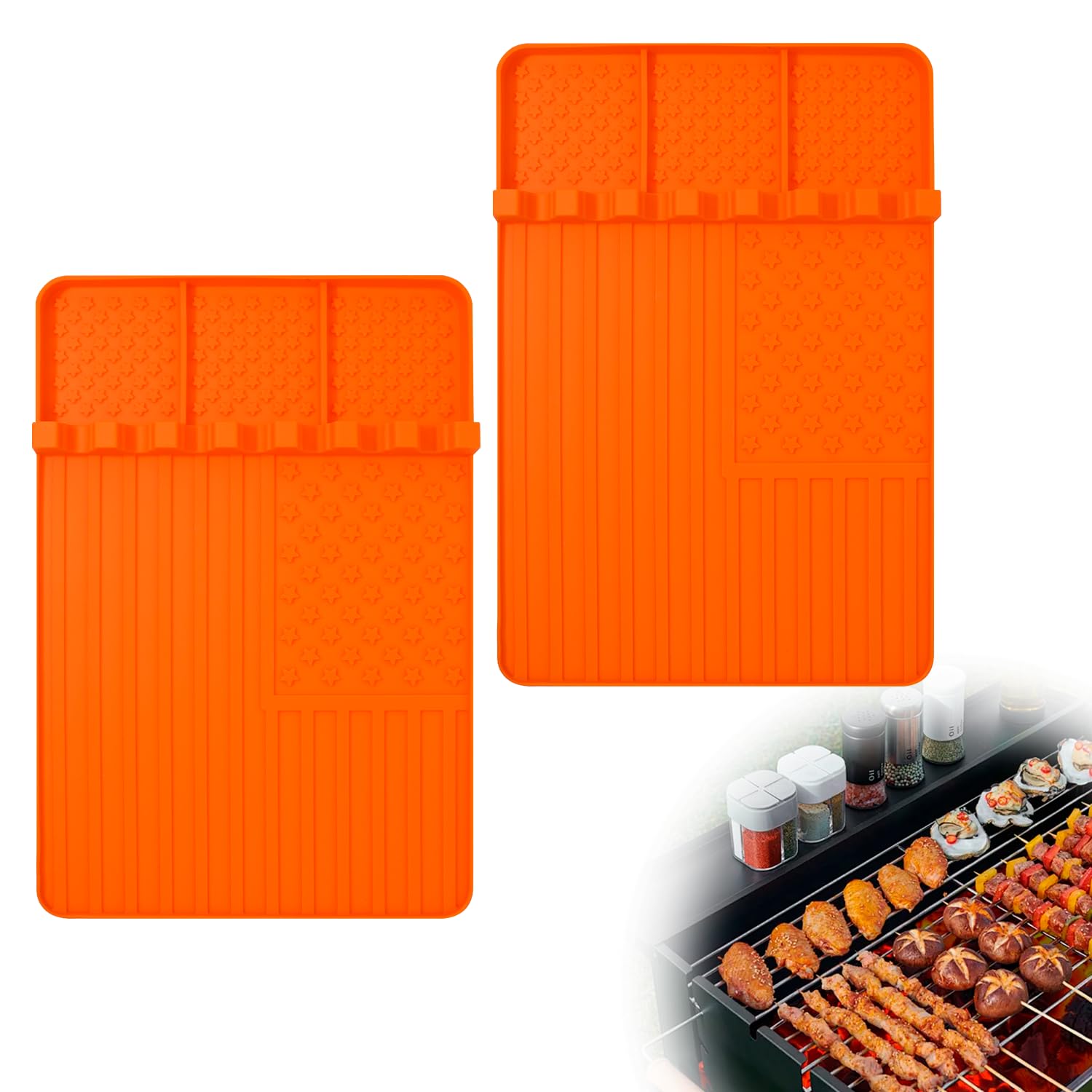 2PCS Heat-Resistant Silicone Griddle Tools Mat for Blackstone Grill - Non-Slip Spatula Holder with Drip Pad, Perfect for Kitchen Countertops, Outdoor Cooking & BBQ Accessories (Orange) - Ideal for Grilling, Camping & Backyard Parties