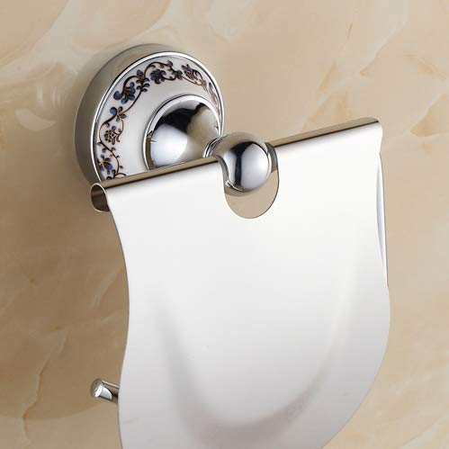 Chrome Silver Metal Toilet Paper Holder - Wall Mount Bathroom Accessory for Toilet Roll & Paper Towel - Blue & White Porcelain Design - Perfect for Modern Bathrooms & Powder Rooms