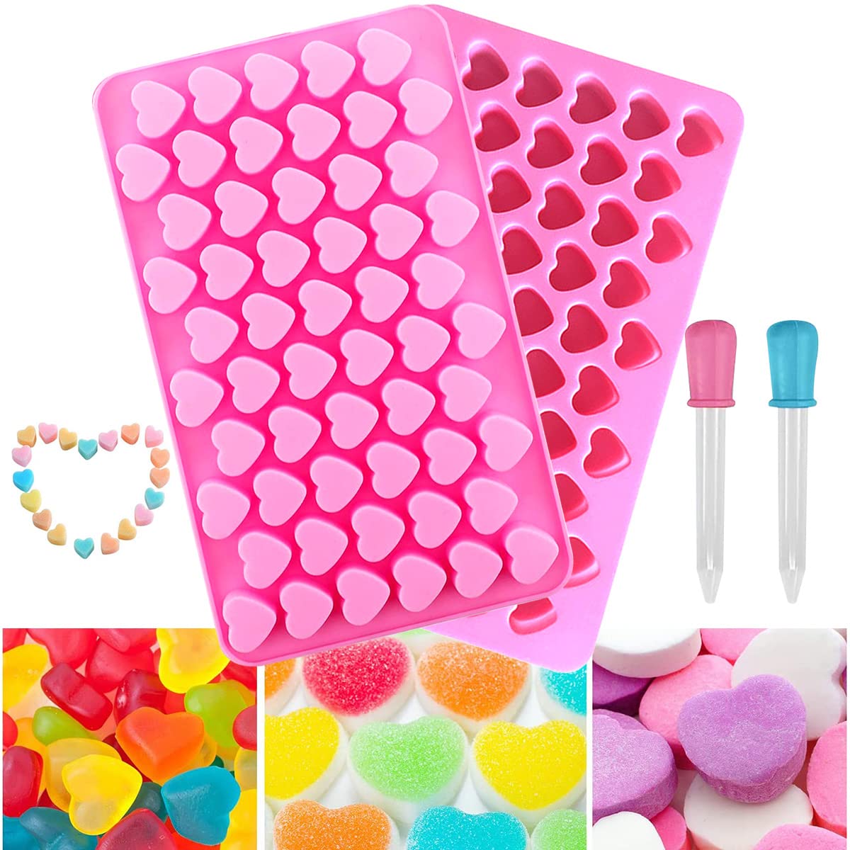 Premium Silicone Heart-Shaped Molds - 55 Cavity Baking Molds for Chocolate, Candy, Ice Cubes & Gummy Treats | Valentine's Day Cake Decorations & Party Desserts (Pink/Green) - Perfect for Romantic Gifts, Wedding Favors, and DIY Sweet Creations