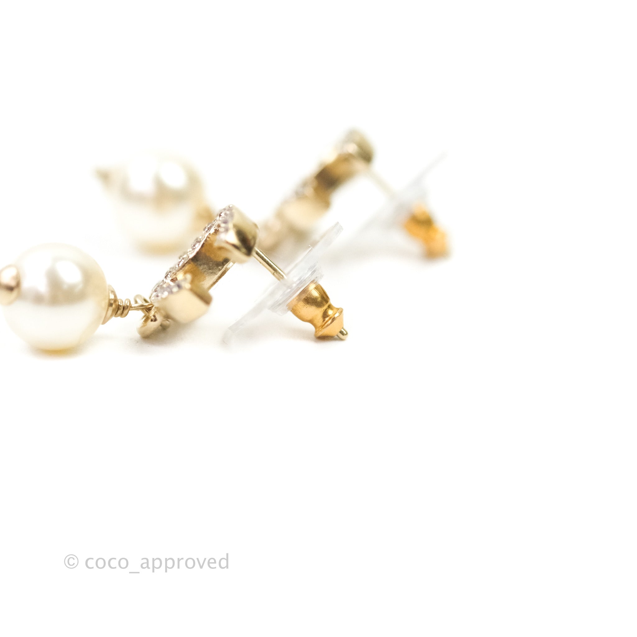 Chanel CC Rhinestone Pearl Drop Earrings in Gold Tone - Elegant Luxury Jewelry for Women | Perfect for Parties, Weddings & Special Occasions
