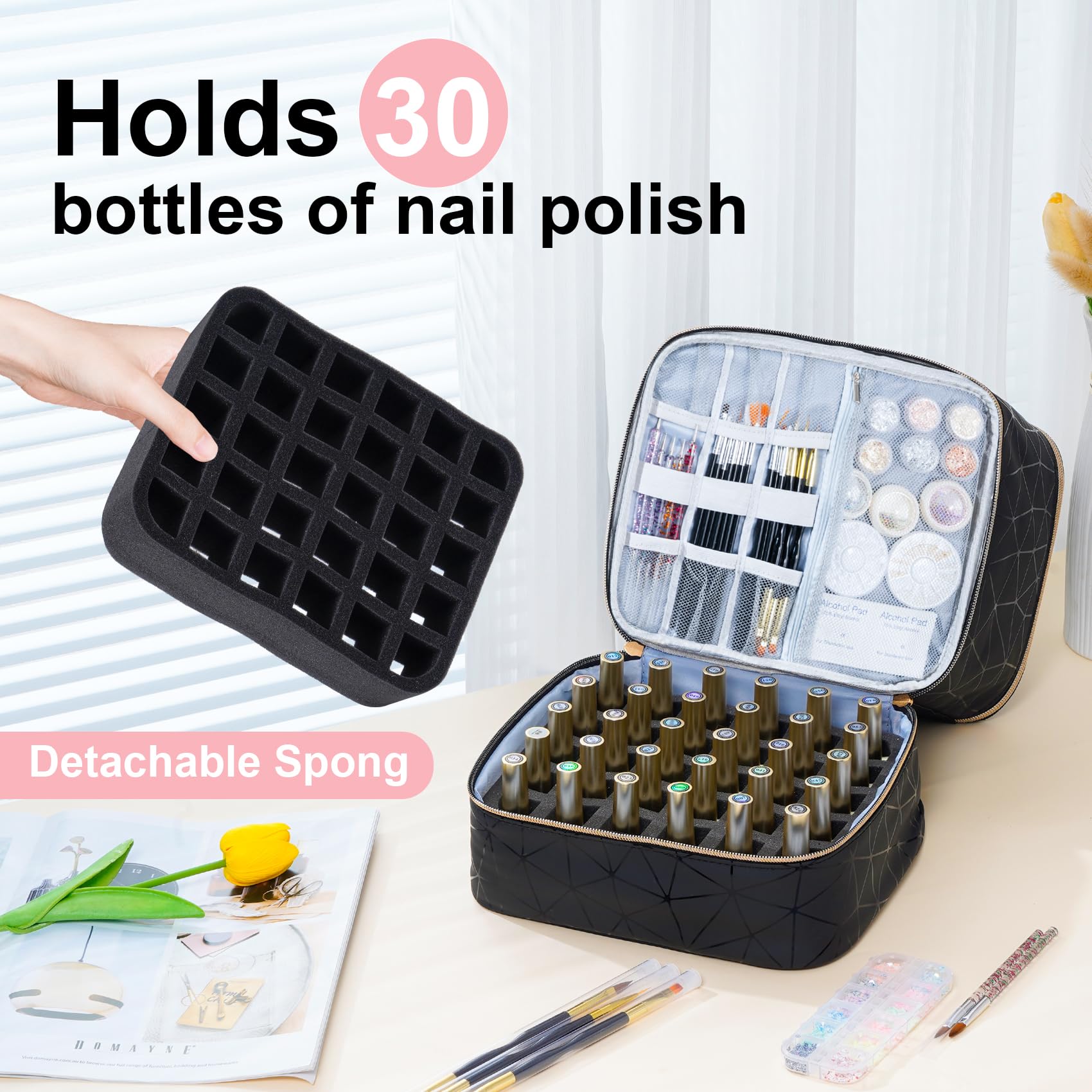 Uross Nail Polish Organizer Bag - Holds 30 Bottles of Nail Polish & Nail Kit - Portable Nail Polish Storage Case for Nail Technicians & DIY Manicures - Perfect for Salon, Travel & Home Use - Black