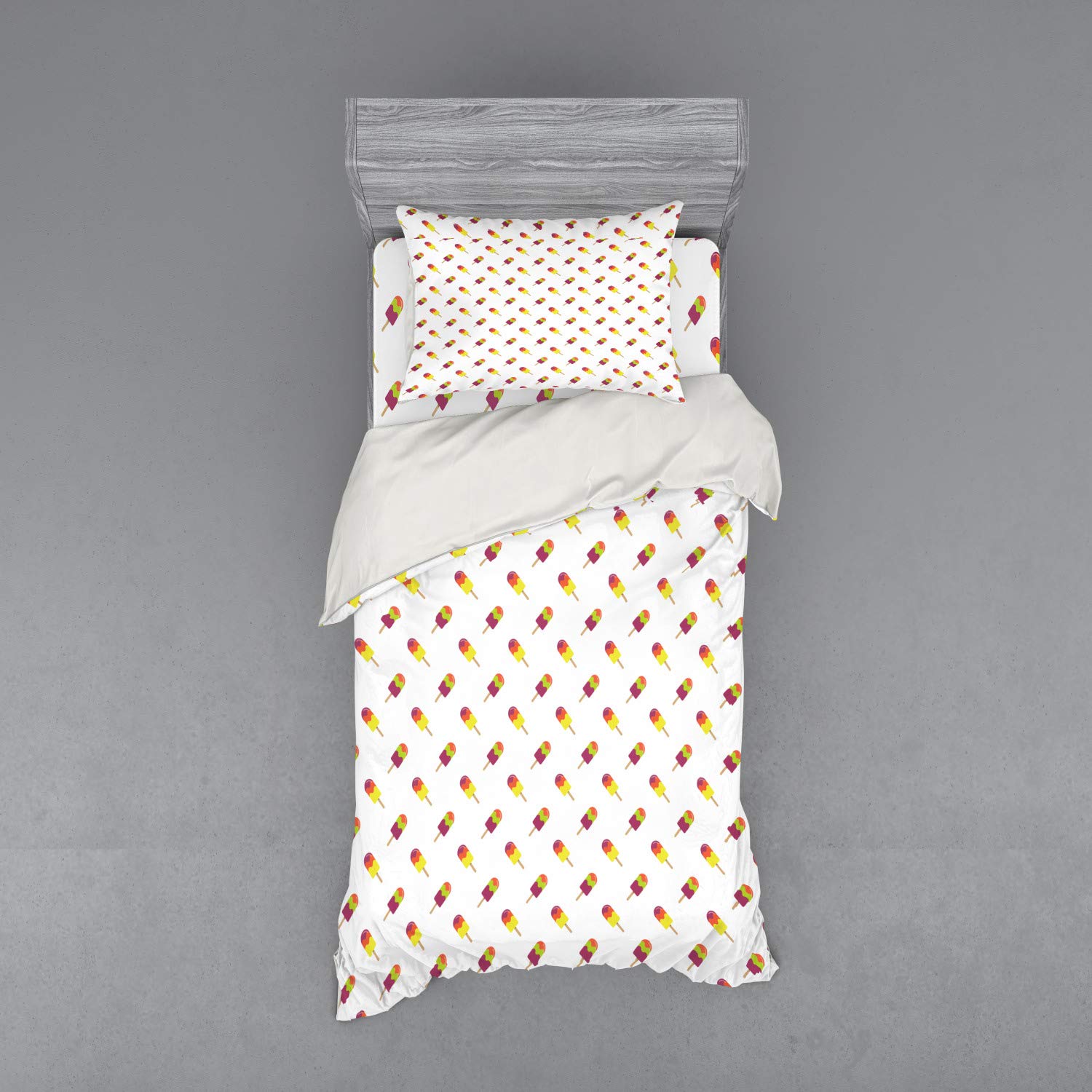 Ambesonne Ice Cream Bedding Set - Colorful Summer Snack Pattern 3-Piece Duvet Cover with Sham & Fitted Sheet, Twin Size, Multicolor | Sweet & Refreshing Diagonal Design for Kids & Teens Bedroom Decor