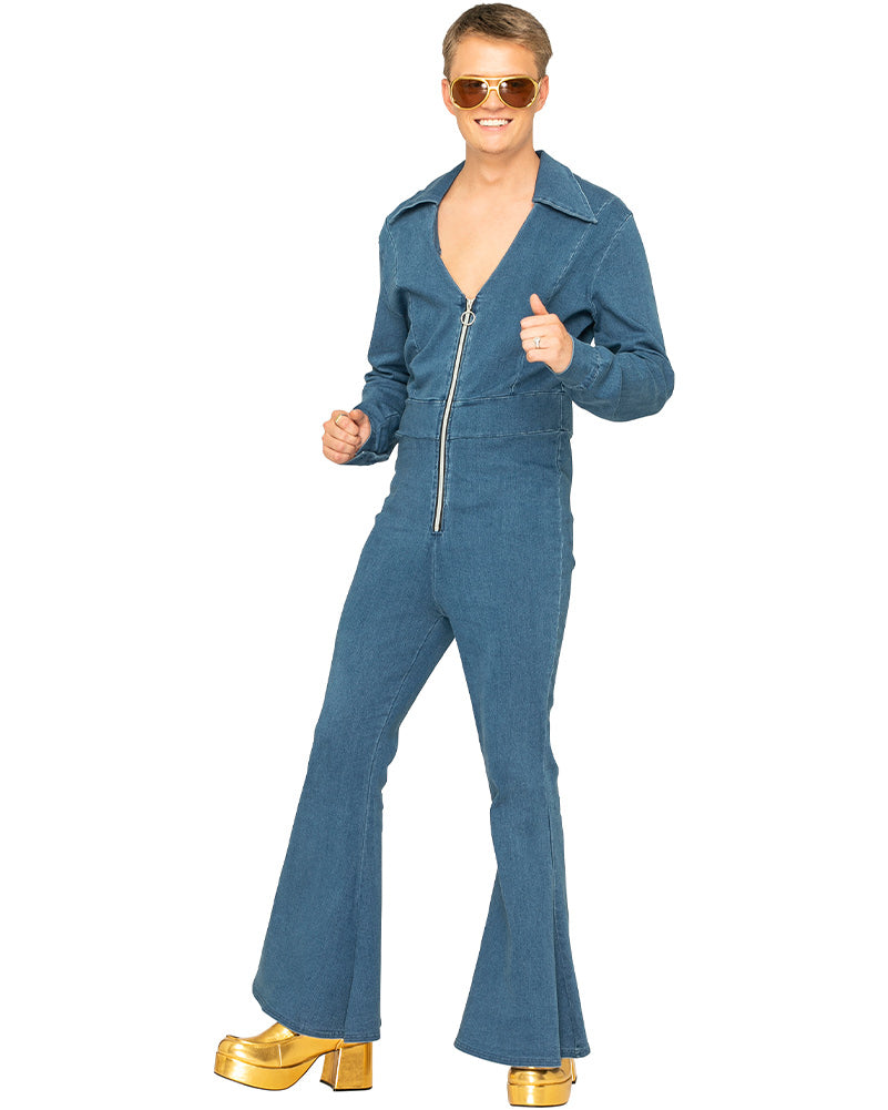 Vintage 70s Studded Denim Jumpsuit for Women - Retro Rocker Chic Outfit for Concerts, Parties & Halloween Costumes