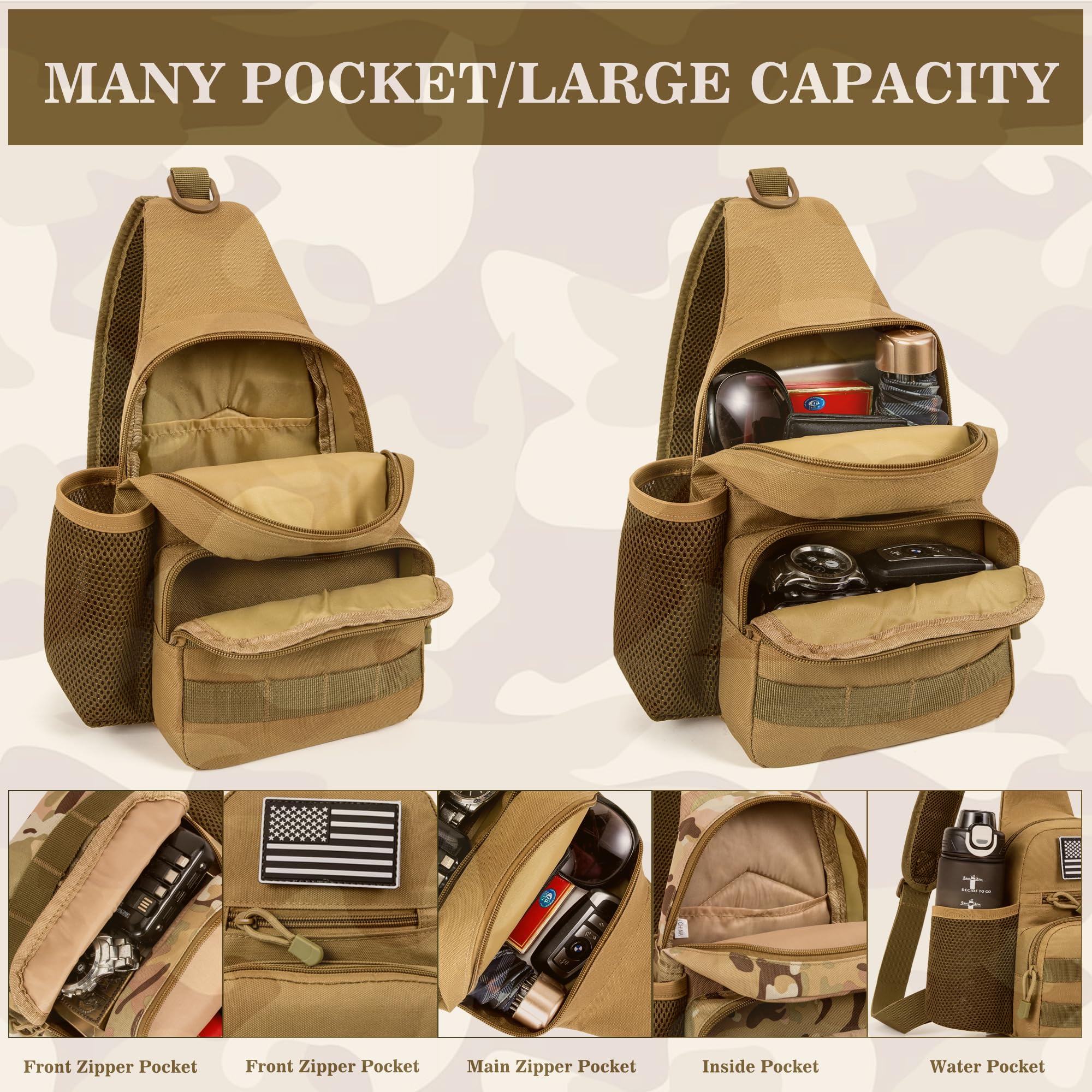 Tactical Backpack for Men - Military Molle Sling Chest Pack, Durable Outdoor Daypack for Hiking, Travel, Sports & EDC | Perfect for Range, Camping & Adventure (Khaki)
