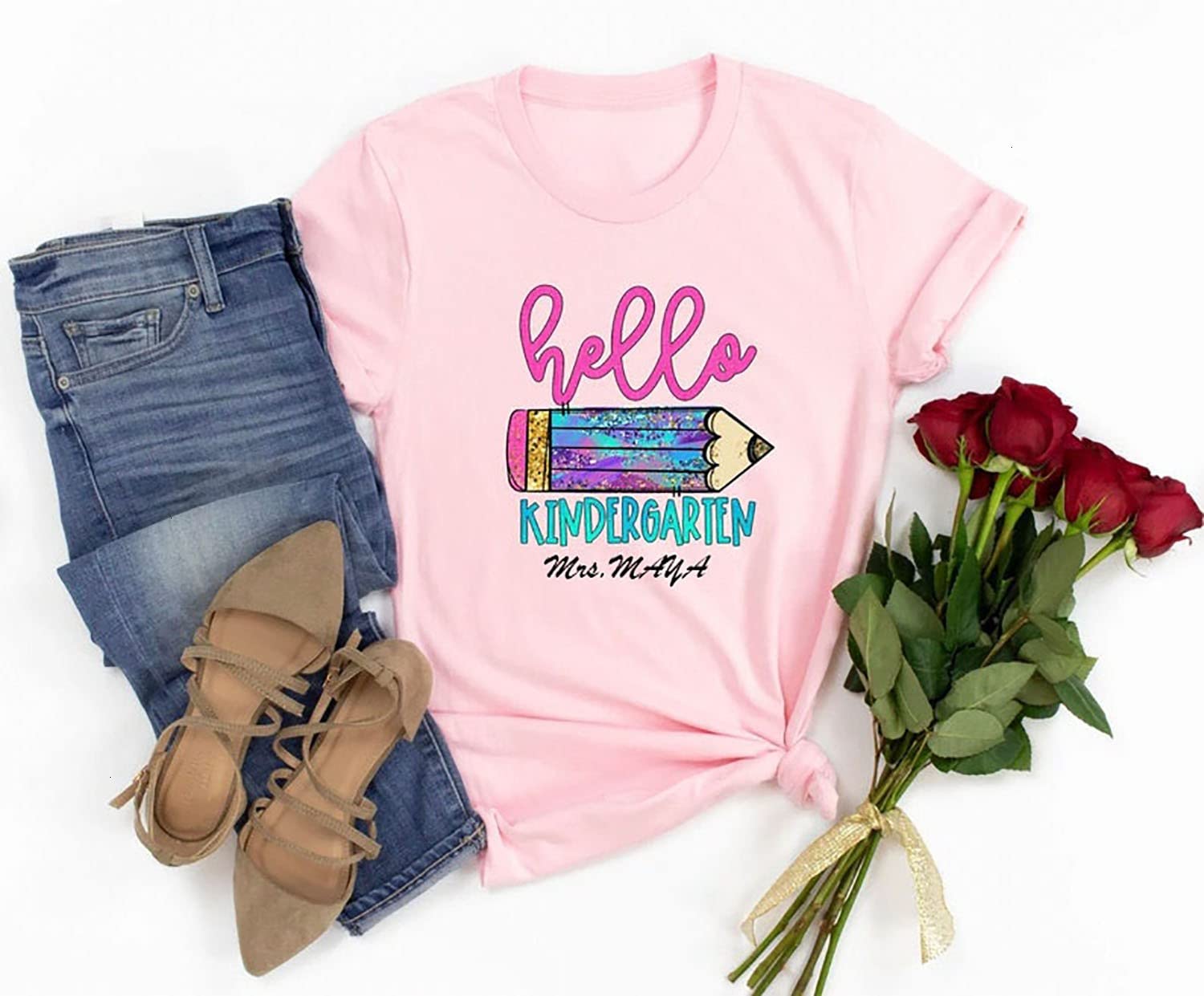 Custom Personalized Hello Kindergarten Teacher Name Pencil T-Shirt - Back to School Gift, First Day of School Shirt for Women Educators - Perfect for Classroom Teaching, Teacher Appreciation & School Events
