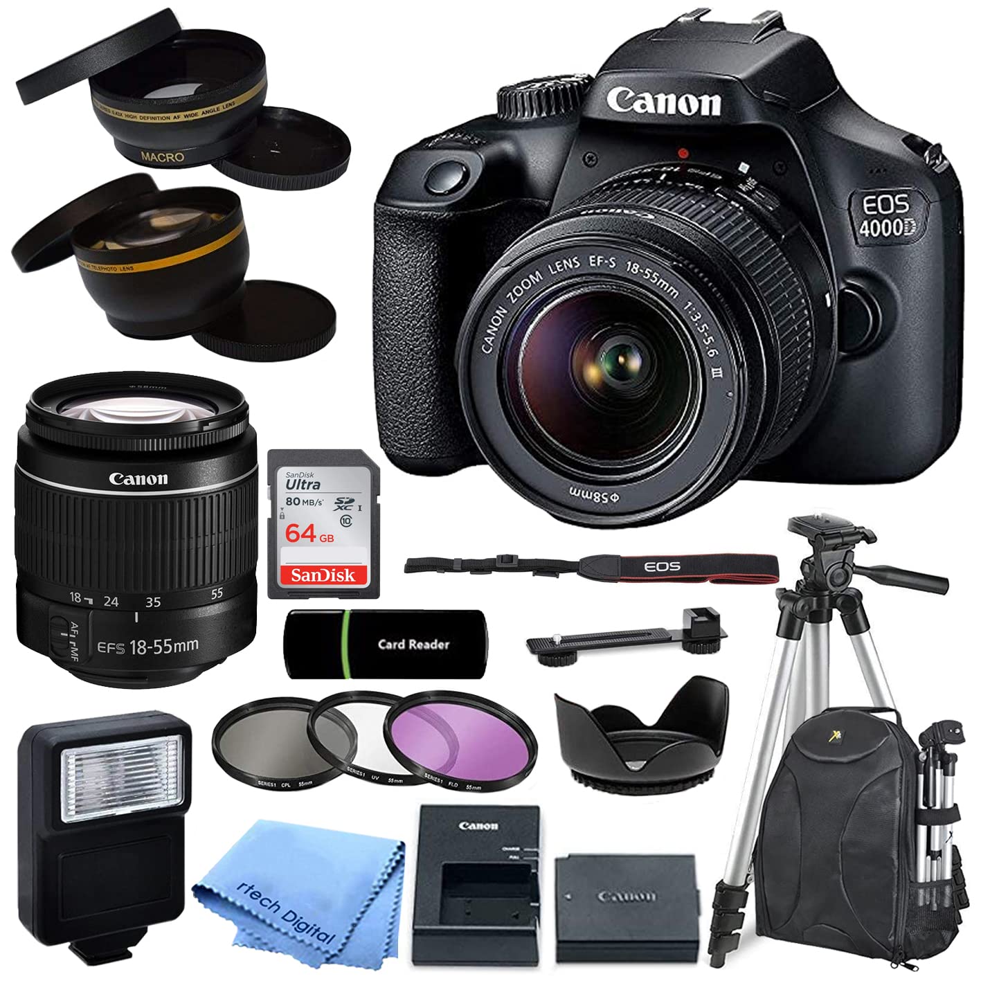 Canon EOS 4000D Rebel T100 DSLR Camera Bundle with EF-S 18-55mm Lens, 64GB SD Card, Tripod, Case & Accessories - 20pc Photography Kit for Beginners (Renewed) - Perfect for Travel, Portraits & Landscape Photography