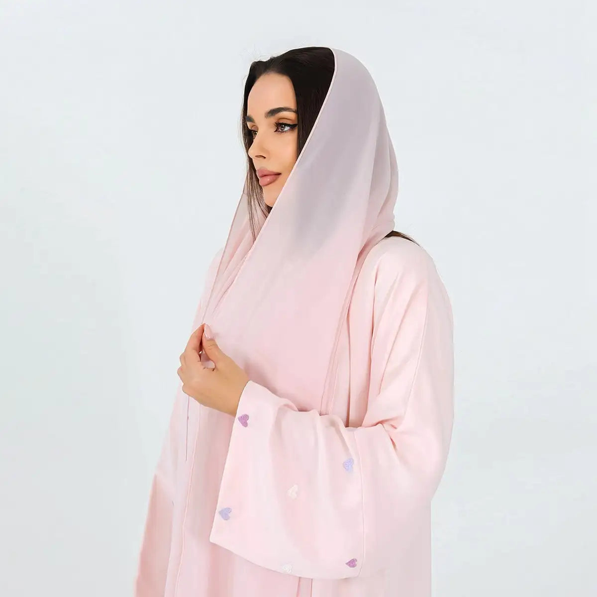 Elegant Heart Embroidery Muslim Women's Nida Cardigan Open Abaya Dress - Perfect for Prayer, Eid, and Special Occasions