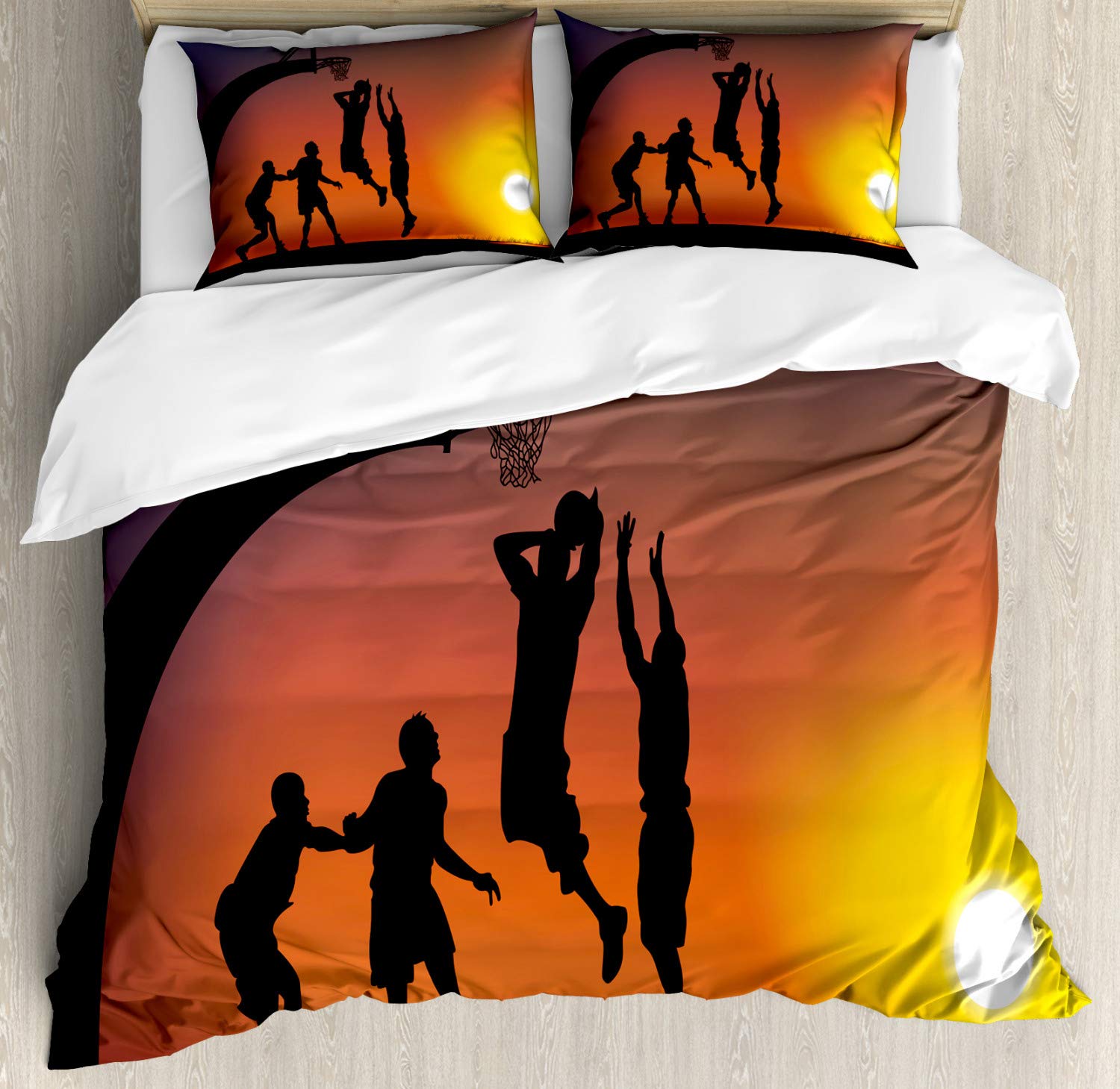Ambesonne Teen Boys Basketball Duvet Cover Set - Queen Size 2-Pack with 2 Duvet Covers & 4 Pillowcases - Sunset Basketball Court Design in Dark Coral Black Yellow - Perfect for Teen Bedrooms, Dorm Decor & Sports-Themed Bedding