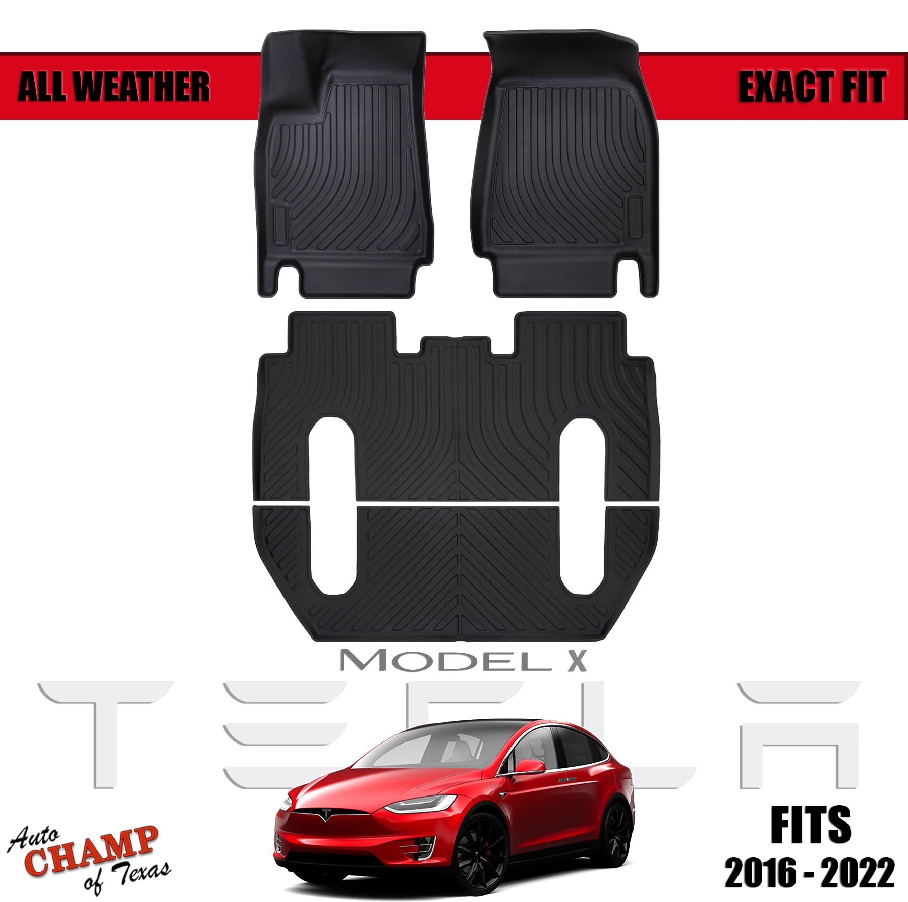 Premium All-Weather Floor Mats for 2016-2021 Tesla Model X 6 Seater - Waterproof Car Mats for Front & Rear Seats (1st & 2nd Row, Black) - Durable Protection Against Mud, Snow & Spills - Perfect for Daily Commute, Road Trips & Family Adventures