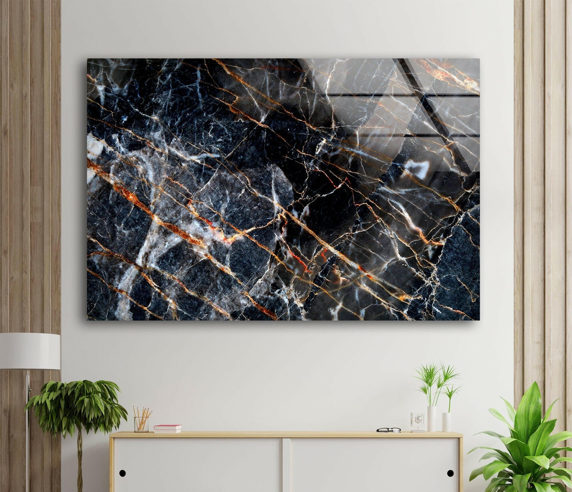 Modern Black Abstract Marble Glass Wall Art Decor - Elegant Home & Office Wall Decor for Living Room, Bedroom, Dining Area